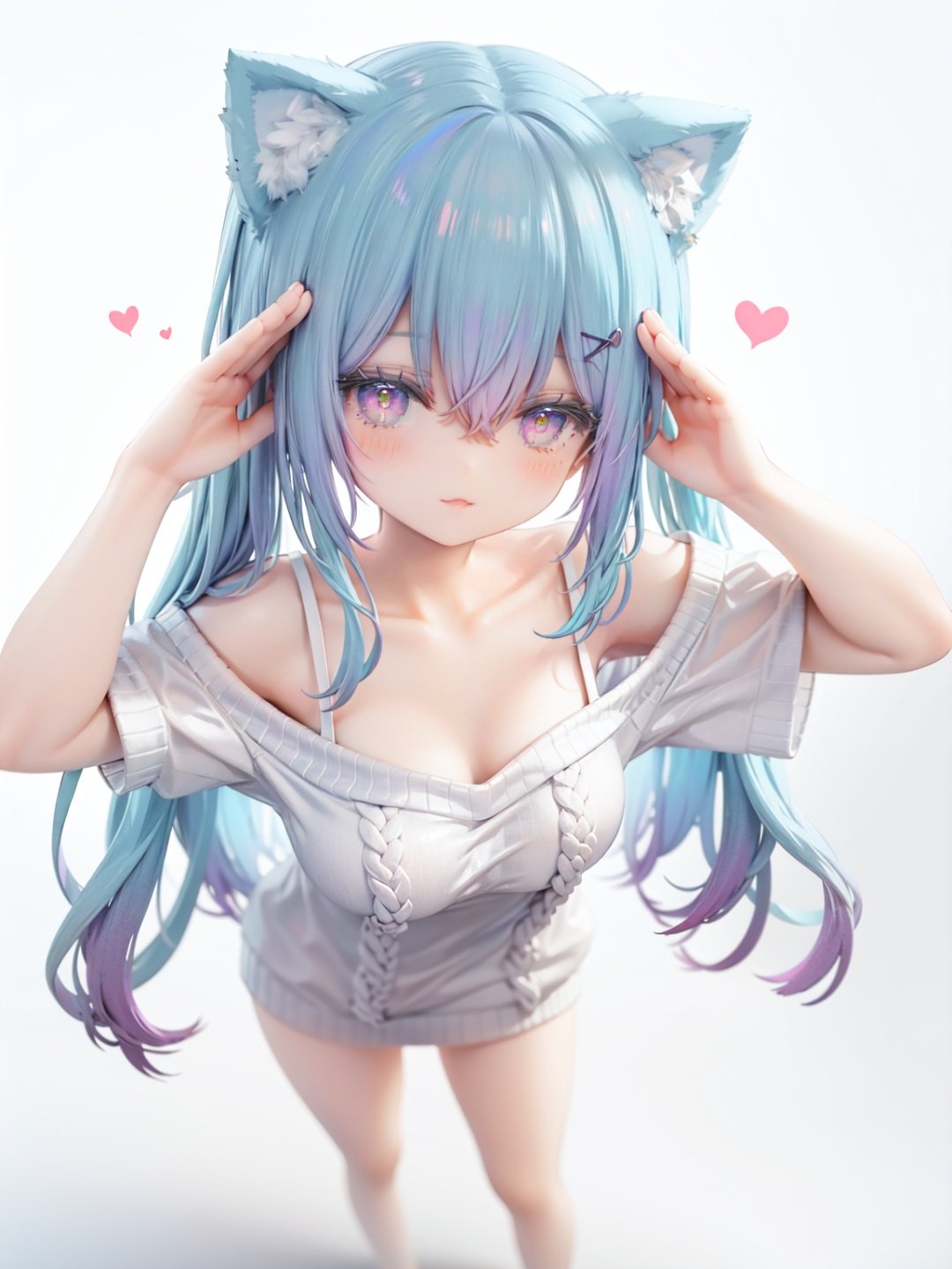 petite, loli, solo, animal ears, heart, puffy short sleeves, blue hair, long hair, off shoulder, bangs, hair ornament, gradient background,rainbow gradient, x hair ornament, animal ear fluff, looking at viewer, very long hair, blush, smile, cat ears, bare shoulders, collarbone, hand up, gradient sweater, hair between eyes, symbol-shaped pupils, arm up, heart-shaped pupils, hairclip, medium breasts, salute, bare legs,full body