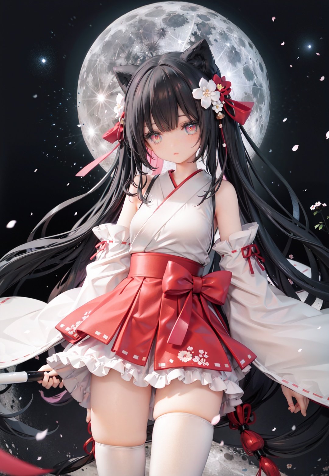 1girl, long hair, solo, thighhighs, black hair, hair ornament, moon, japanese clothes, skirt, detached sleeves, white thighhighs, miko, hakama short skirt, hair flower, very long hair, ribbon trim, ribbon-trimmed legwear, full moon, hakama skirt, hakama, brown eyes, outdoors, night, standing, looking at viewer, flower, hand on hip, tree, red skirt, sky, wide sleeves, smile, ribbon-trimmed sleeves, star (sky), fence, blush, bangs, zettai ryouiki, bare shoulders, night sky, red eyes, nontraditional miko, red hakama, thighs, closed mouth