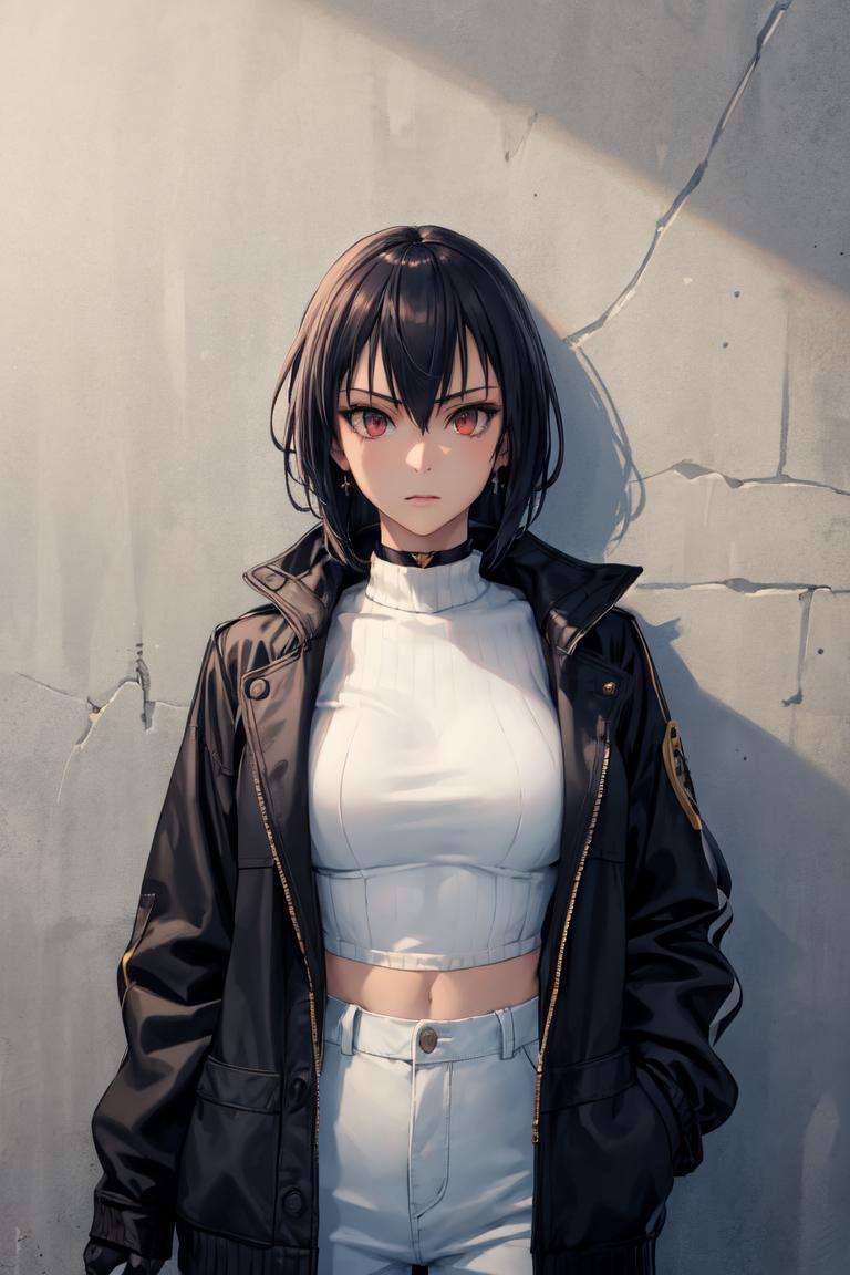 masterpiece, best quality, absurdres, perfect anatomy, 1girl, solo, Nagato, earrings, sharp eyes, choker, neon shirt, open jacket, turtleneck sweater, night, against wall, brick wall, graffiti, dim lighting, alley, looking at viewer, <lora:Nagato:0.8>