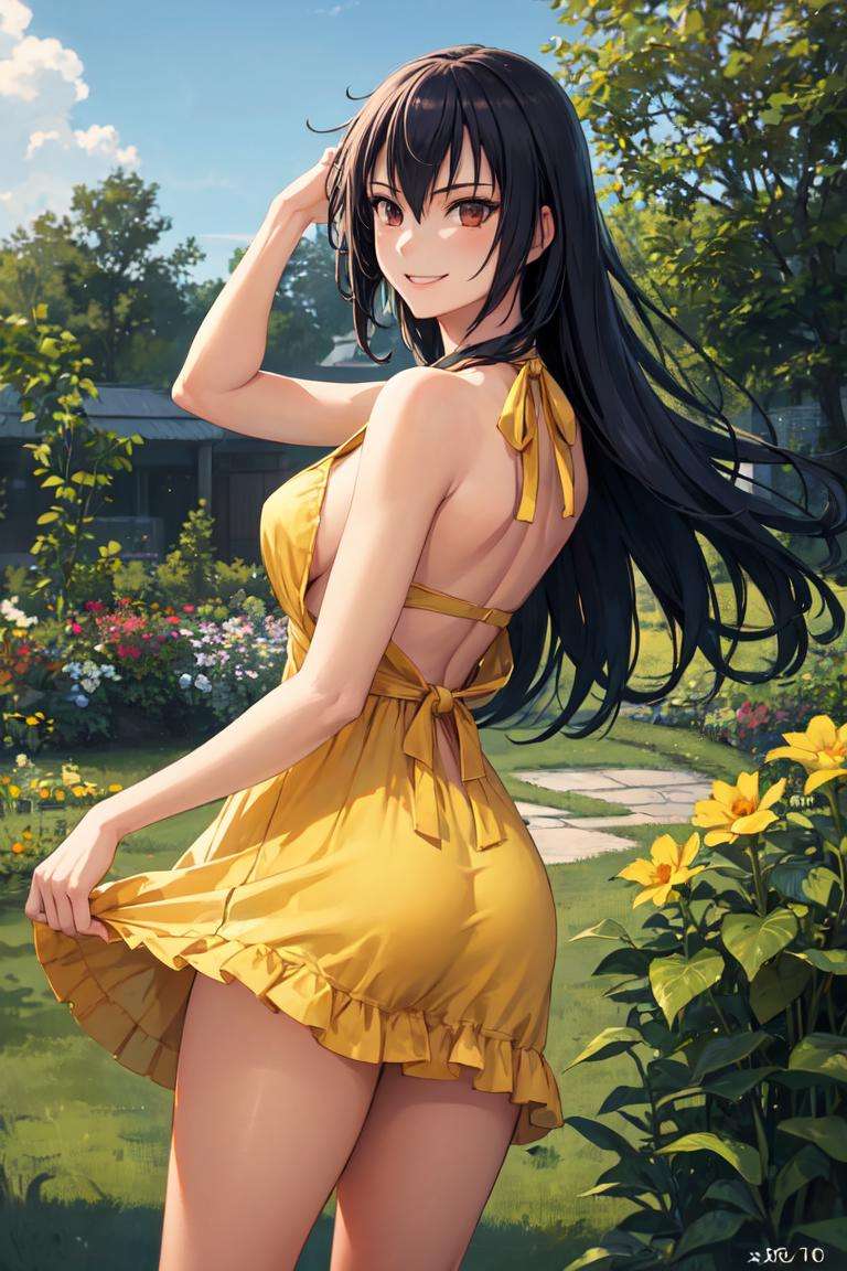 masterpiece, best quality, absurdres, perfect anatomy, 1girl, solo, Nagato, from behind, (yellow sundress), garden, day, sunshine, smile, looking back, <lora:Nagato:0.8>