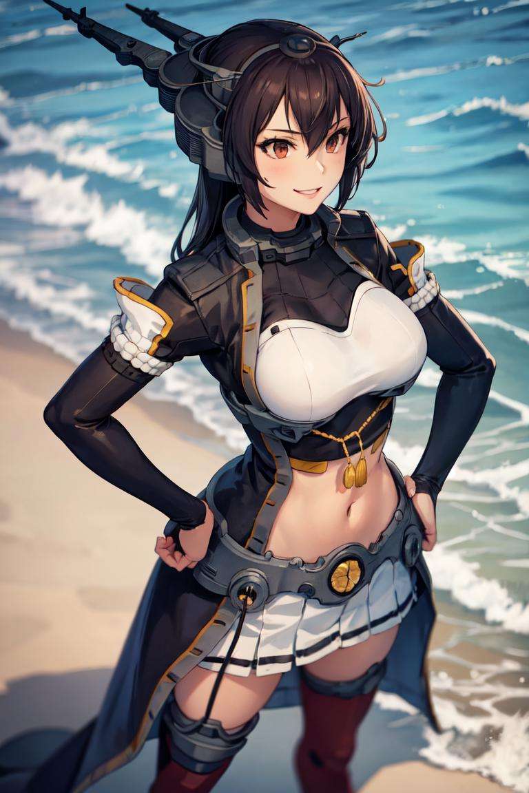 masterpiece, best quality, absurdres, perfect anatomy, 1girl, solo, NagatoNi, smile, standing, hands on hips, ocean scene, outdoors, <lora:Nagato:1>