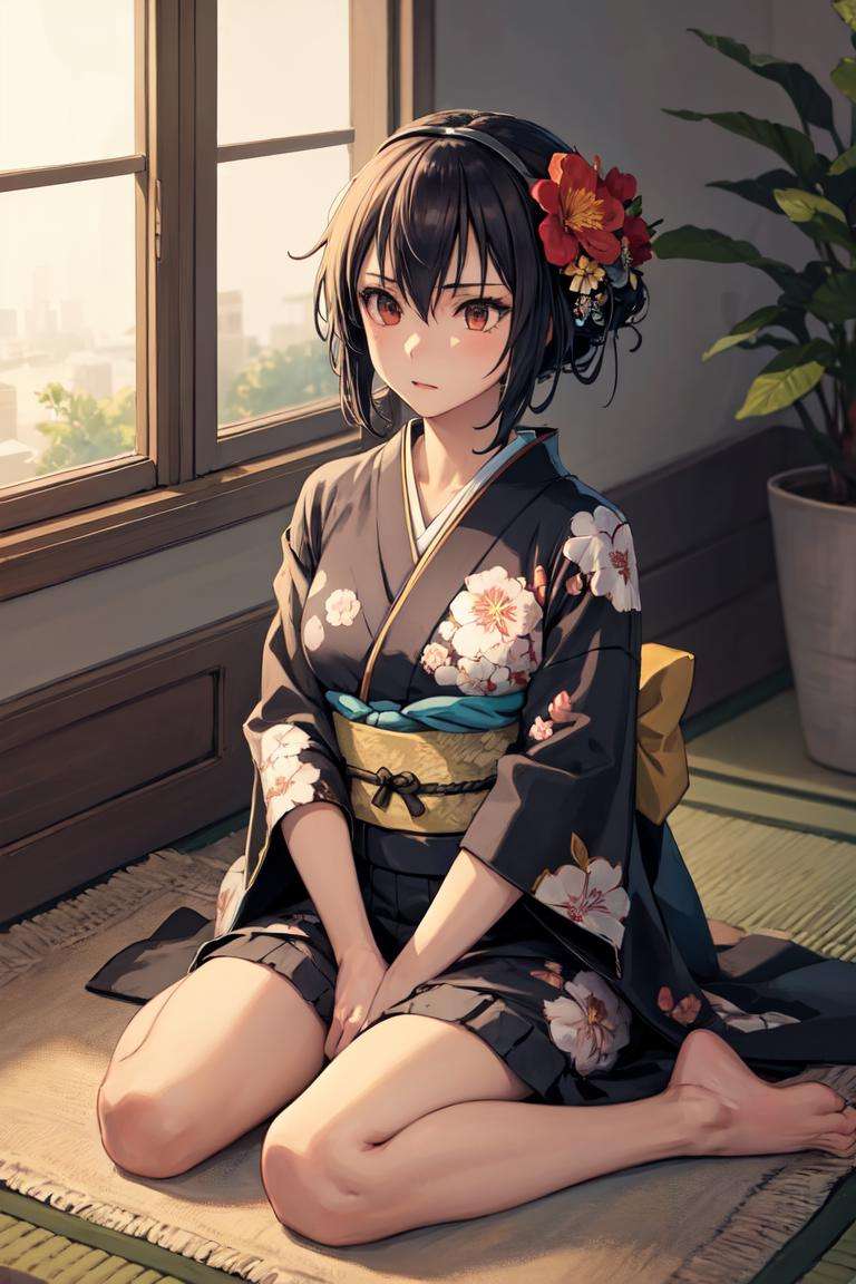 masterpiece, best quality, absurdres, perfect anatomy, 1girl, solo, Nagato, indoors, kimono, hair flower, floral print, wariza, sitting, hands on own knees, <lora:Nagato:0.8>