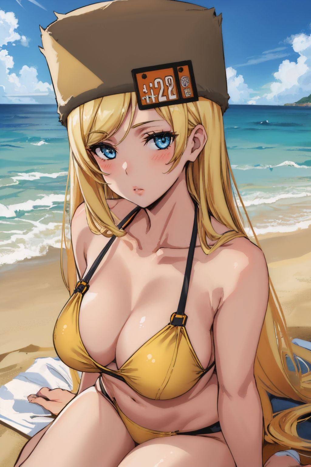 (masterpiece, best quality:1.2), solo, 1girl, strmillia, blush, expressionless, looking at viewer, seiza, fur hat, bikini, beach <lora:guiltygear_strive_milliarage:1.0>