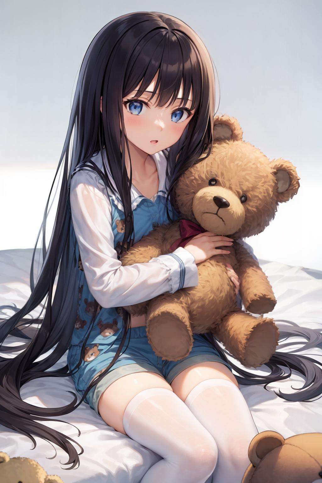 masterpiece, best quality, <lora:YuukoShionji:1>,1girl, shionji yuuko, shorts,stuffed animal,teddy bear,grey background, 