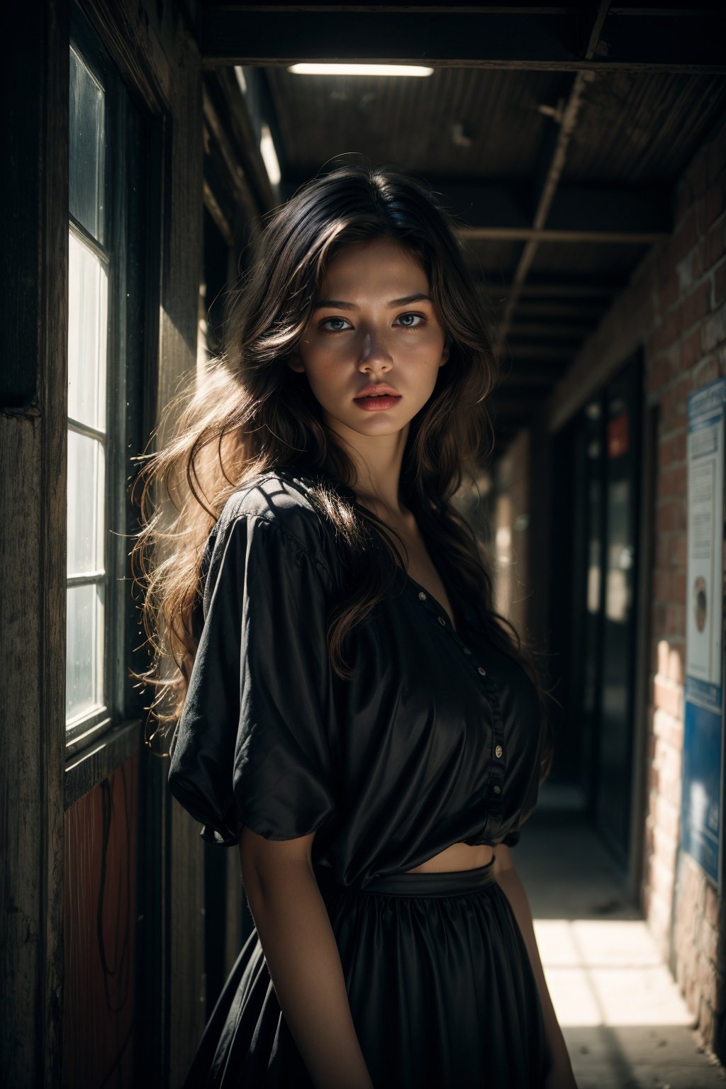 a girl standing alone in front of an old, shabby, unlit transit station in a deserted countryside on a dark night, film grain, depth of field, analog film style, vivid color, 1girl, slender body, full body, beautiful eyes, beautiful symmetrical face, bangs, blouse, cotton skirt, fog, (night, dark, dark photo, grainy, dimly lit:1.3), (masterpiece:1.2), best quality, high quality, (realistic), (absurdres:1.2), UHD, ultrarealistic, noise, 