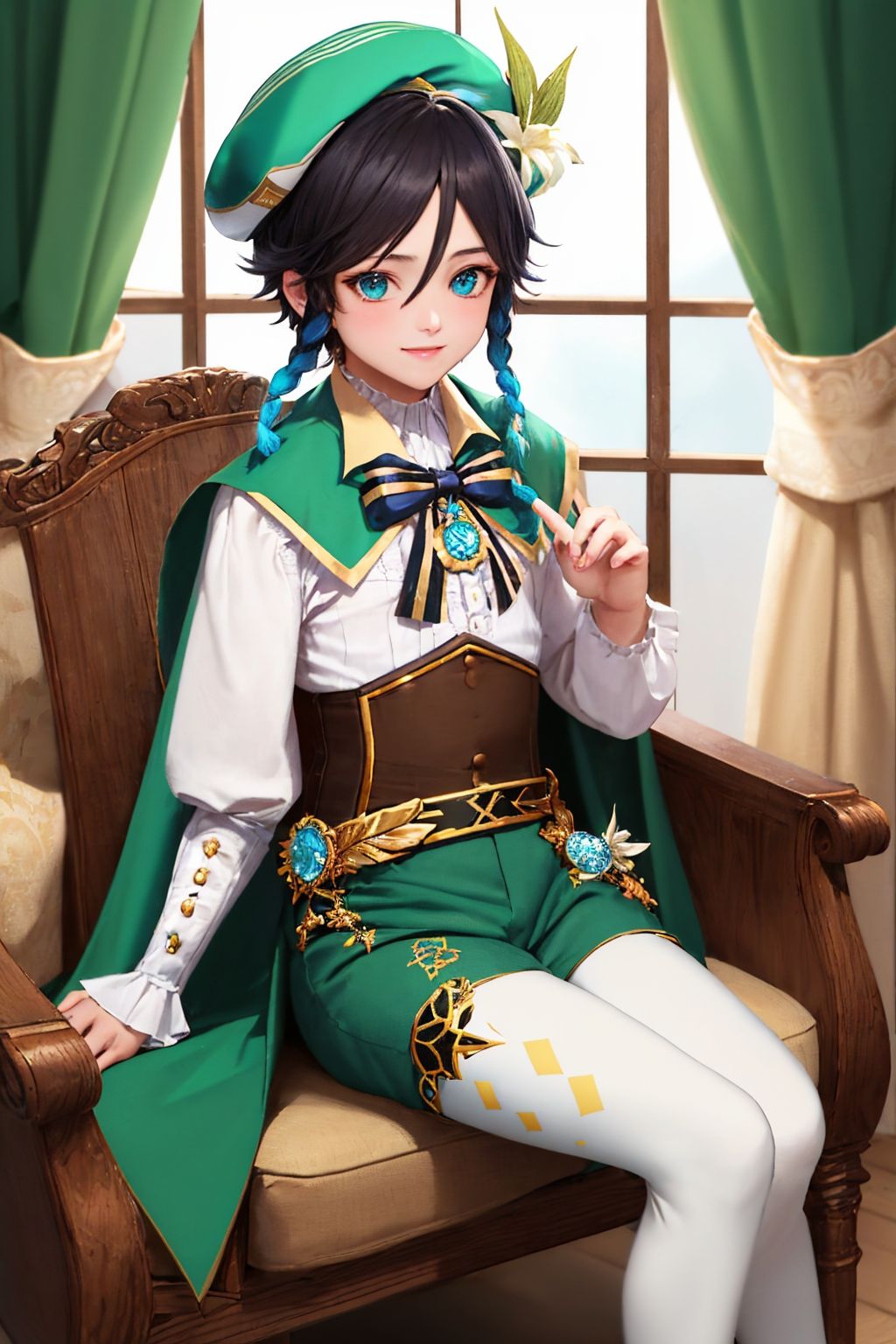 (masterpiece, best quality:1.2), solo, male focus, 1boy, ventidef, smile, looking at viewer, sitting, chair, beret, hat flower, white shirt, bow, long sleeves, frilled sleeves, corset, cape, green shorts, white pantyhose, jewelry, brooch <lora:genshinimpact_venti:1.0>