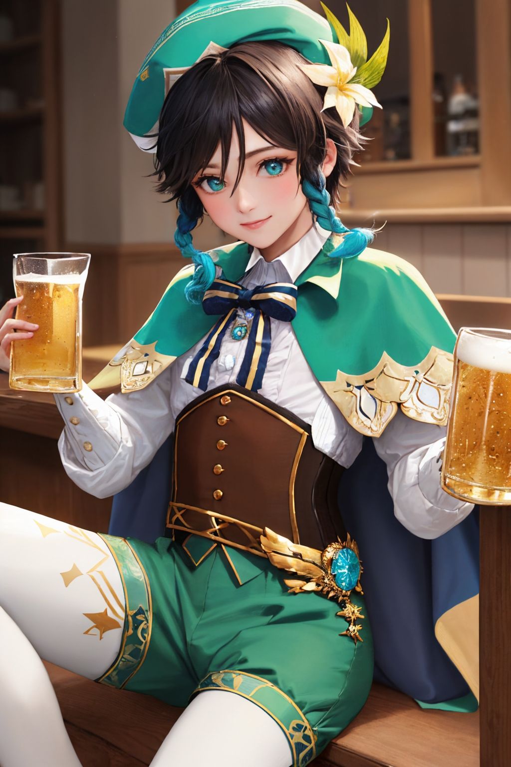 (masterpiece, best quality:1.2), solo, male focus, 1boy, ventidef, smile, looking at viewer, holding beer mug, beret, hat flower, white shirt, bow, long sleeves, frilled sleeves, corset, cape, green shorts, white pantyhose, jewelry, brooch, indoors, bar \(place\) <lora:genshinimpact_venti:1.0>