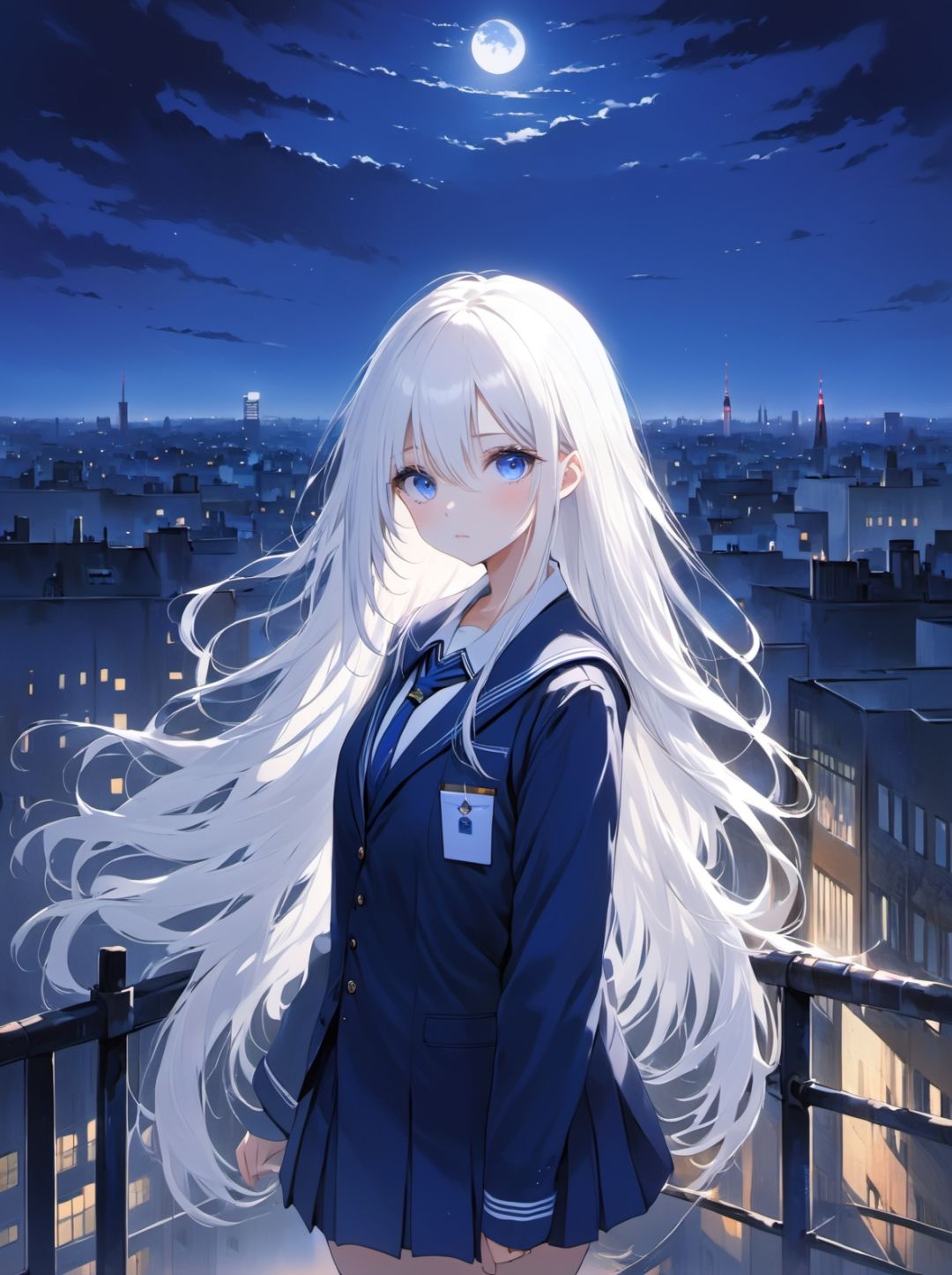 1girl, upper body,white long straight hair,indigo eye, school uniform, dark Berlin city evening,