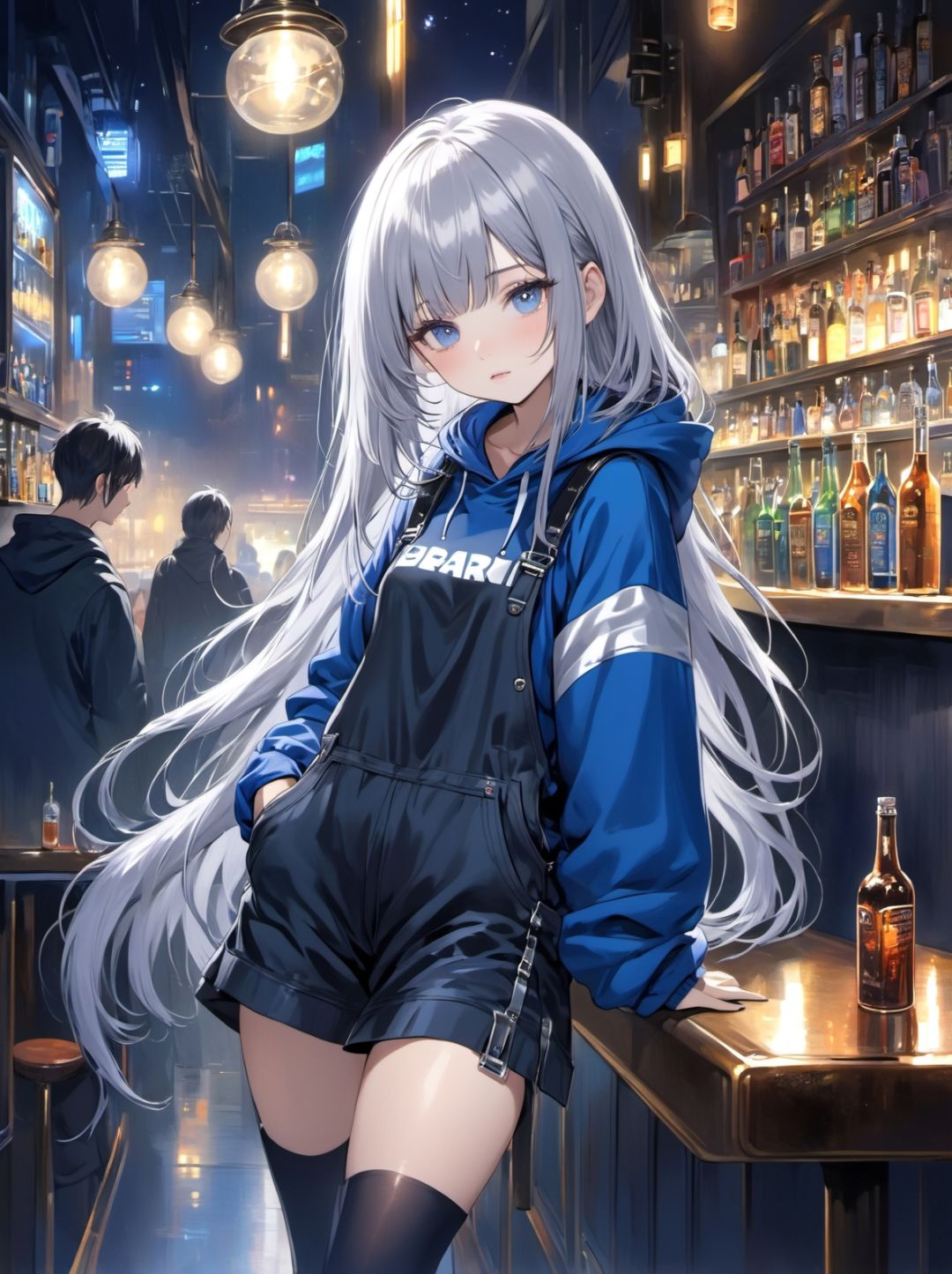 1girl, silver hair, very long hair,   center parted bangs bangs,   hooded sweatshirt blue dungarees garter straps loafers,  sci-fi in bar midnight, 