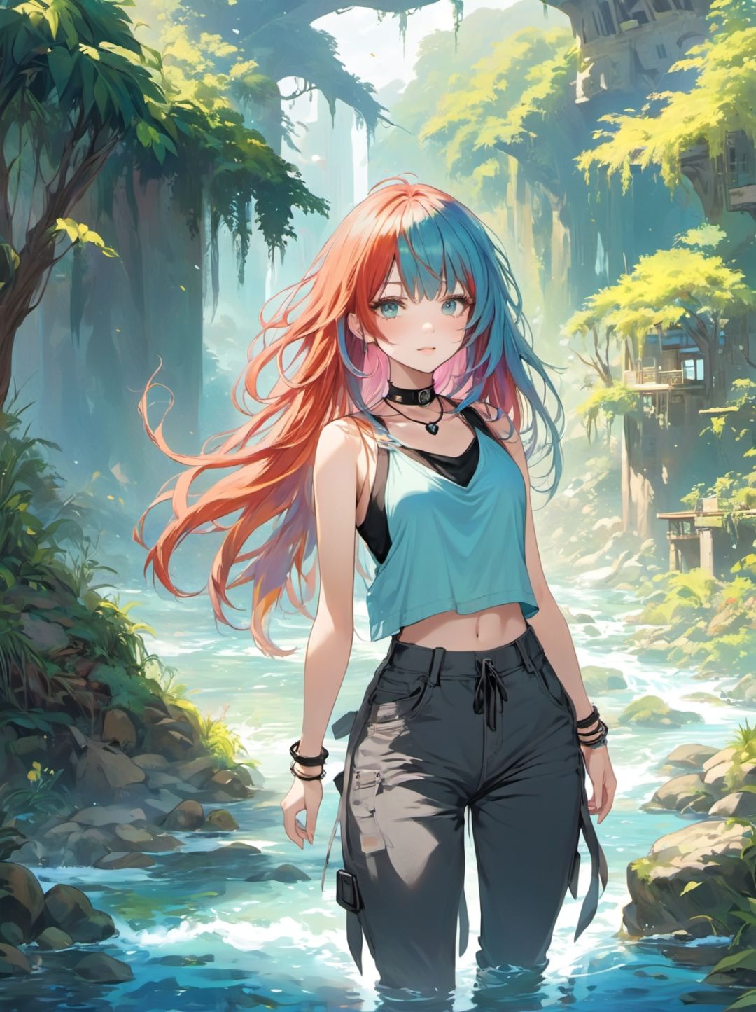 1girl, multicolored hair, long hair, messy hair,   bangs,   tank top cropped pants choker ,  fantasy rivers daytime, 