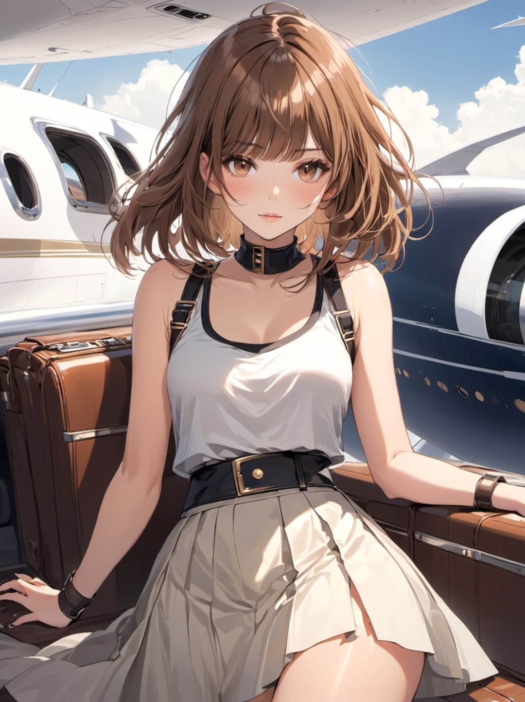 1girl, light brown hair, medium hair, asymmetrical hair,  parted bangs bangs,  classical tank top long skirt garter straps ,  modern in private jets daytime, 