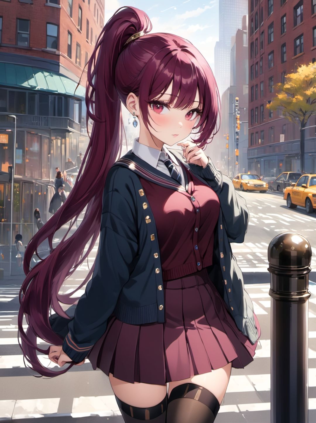 1girl, maroon hair, very long hair,  ponytail hair,  bangs,  jeweled school uniform cardigan skirt thigh high ,  classical New York city daytime, 