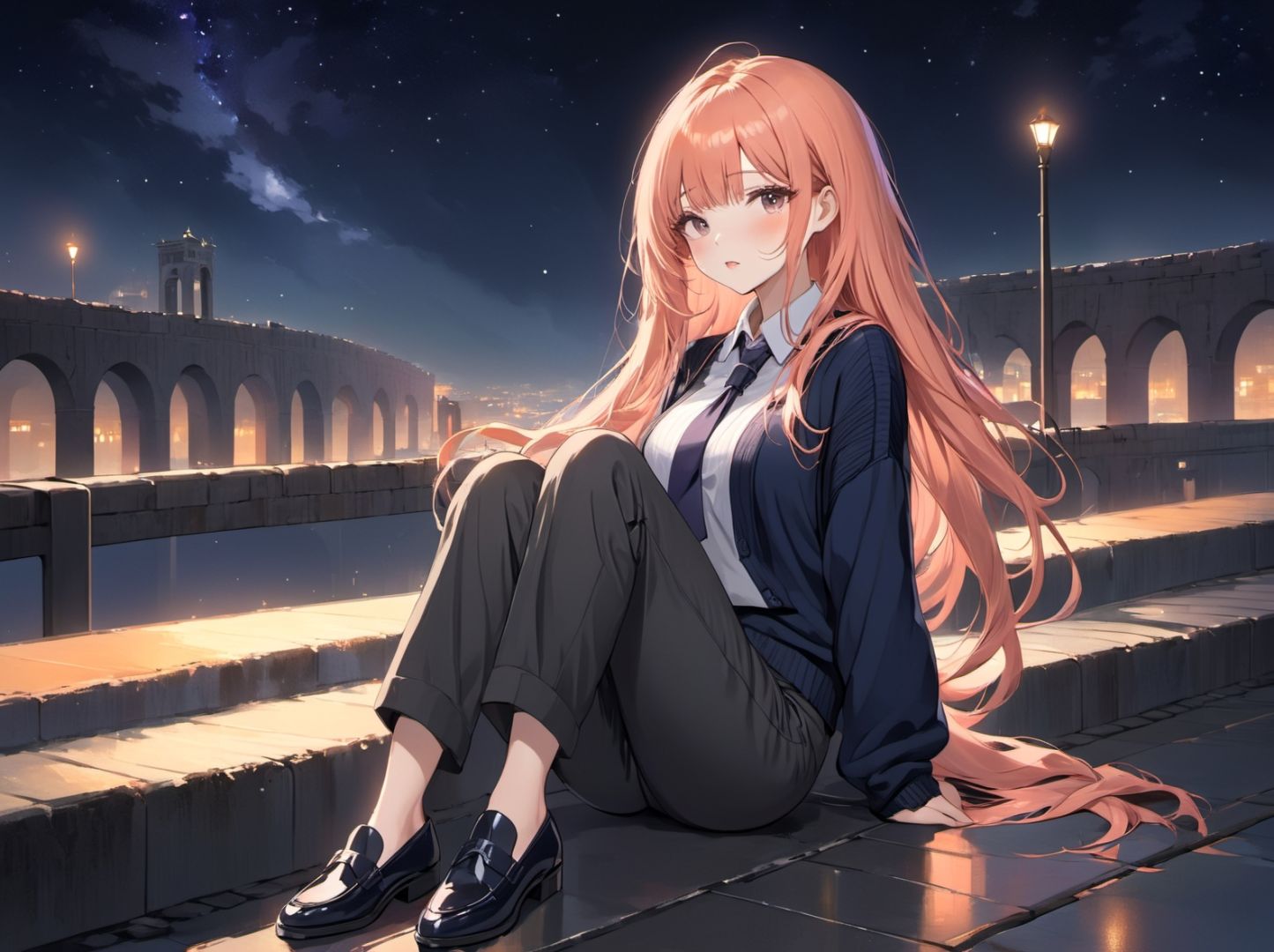 1girl, peach hair, very long hair,    bangs,   sweater cropped pants necktie between breasts loafers,  dark aqueduct midnight, 