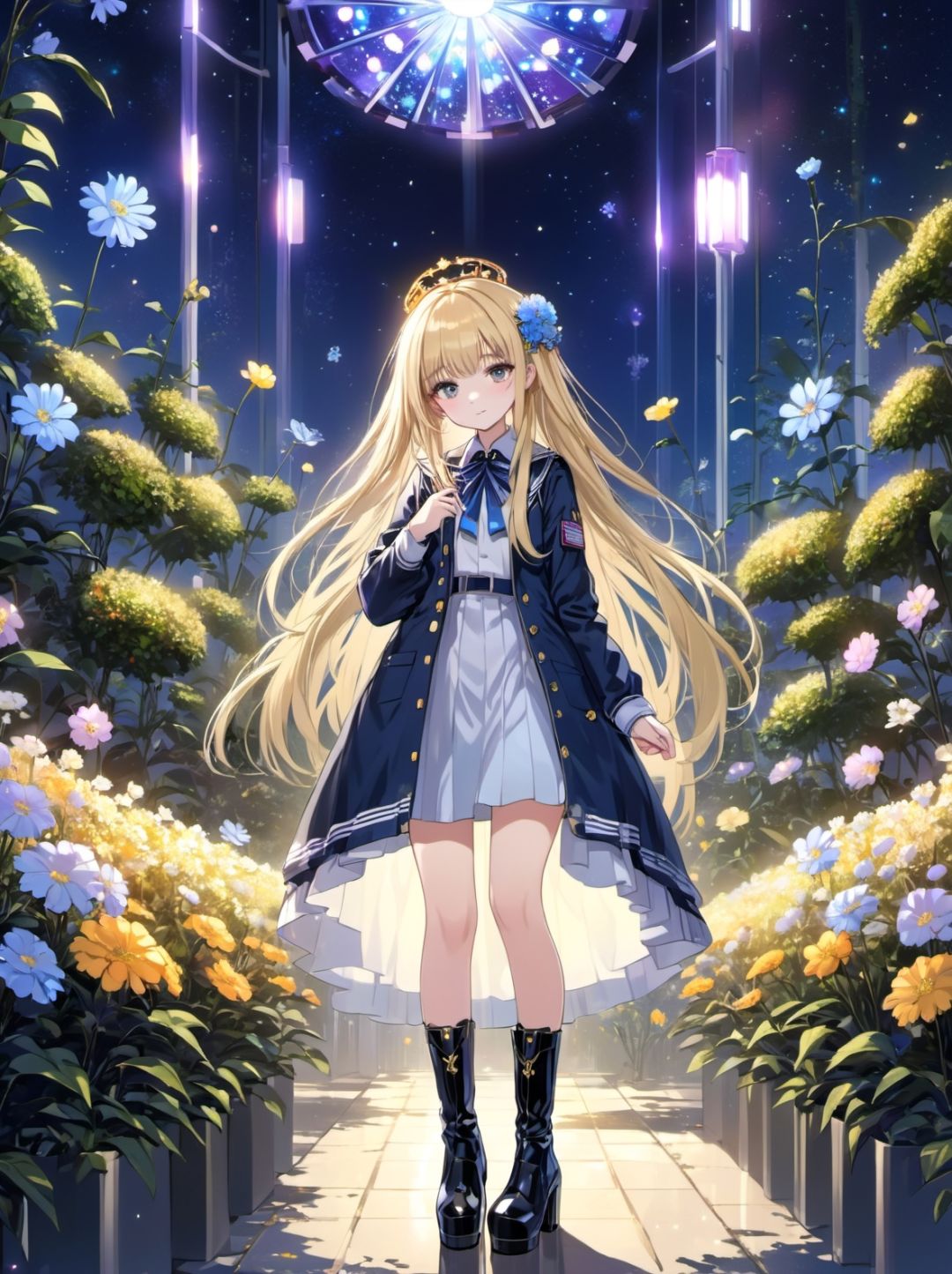 1girl, blond hair, long hair, straight hair, french hair, parted bangs bangs,   serafuku tiara high heel boots,  sci-fi flower garden evening, 