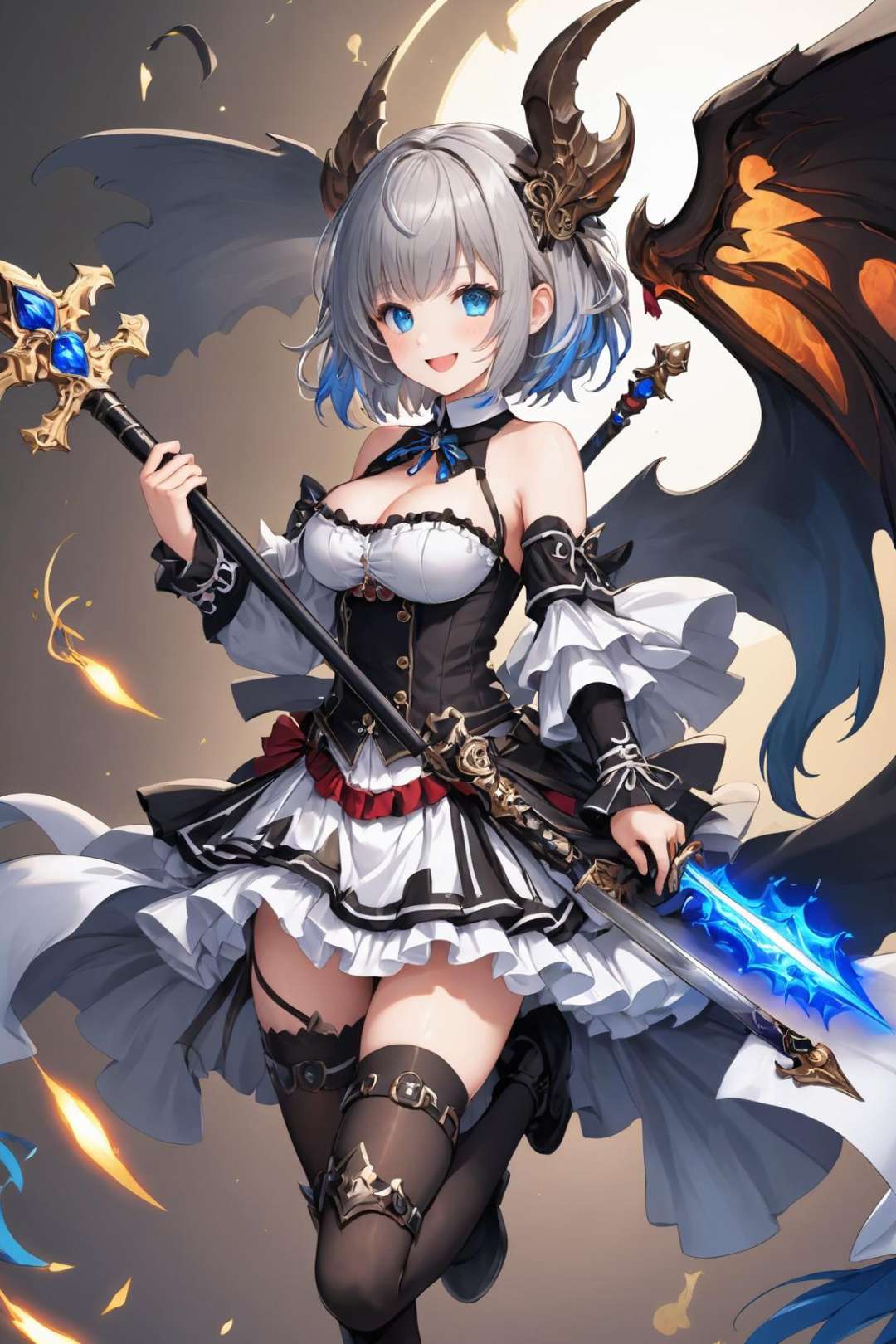 ultra-detailed,(best quality),((masterpiece)),(highres),original,extremely detailed 8K wallpaper,(an extremely delicate and beautiful),((detailed face)),beautiful detail eyes,\\1girl,horns,solo,demon wings,wings,tail,demon horns,grey hair,blue eyes,demon tail,black wings,twintails,white background,thighhighs,boots,simple background,frilled skirt,holding,weapon,full body,polearm,frills,smile,open mouth,navel,skirt,demon girl,looking at viewer,midriff,breasts,short hair,white thighhighs,garter straps,:d,black footwear,blush,tail ornament,holding weapon,hairband,detached sleeves,cross-laced footwear,bare shoulders,standing,tail ring,bangs,bridal\\