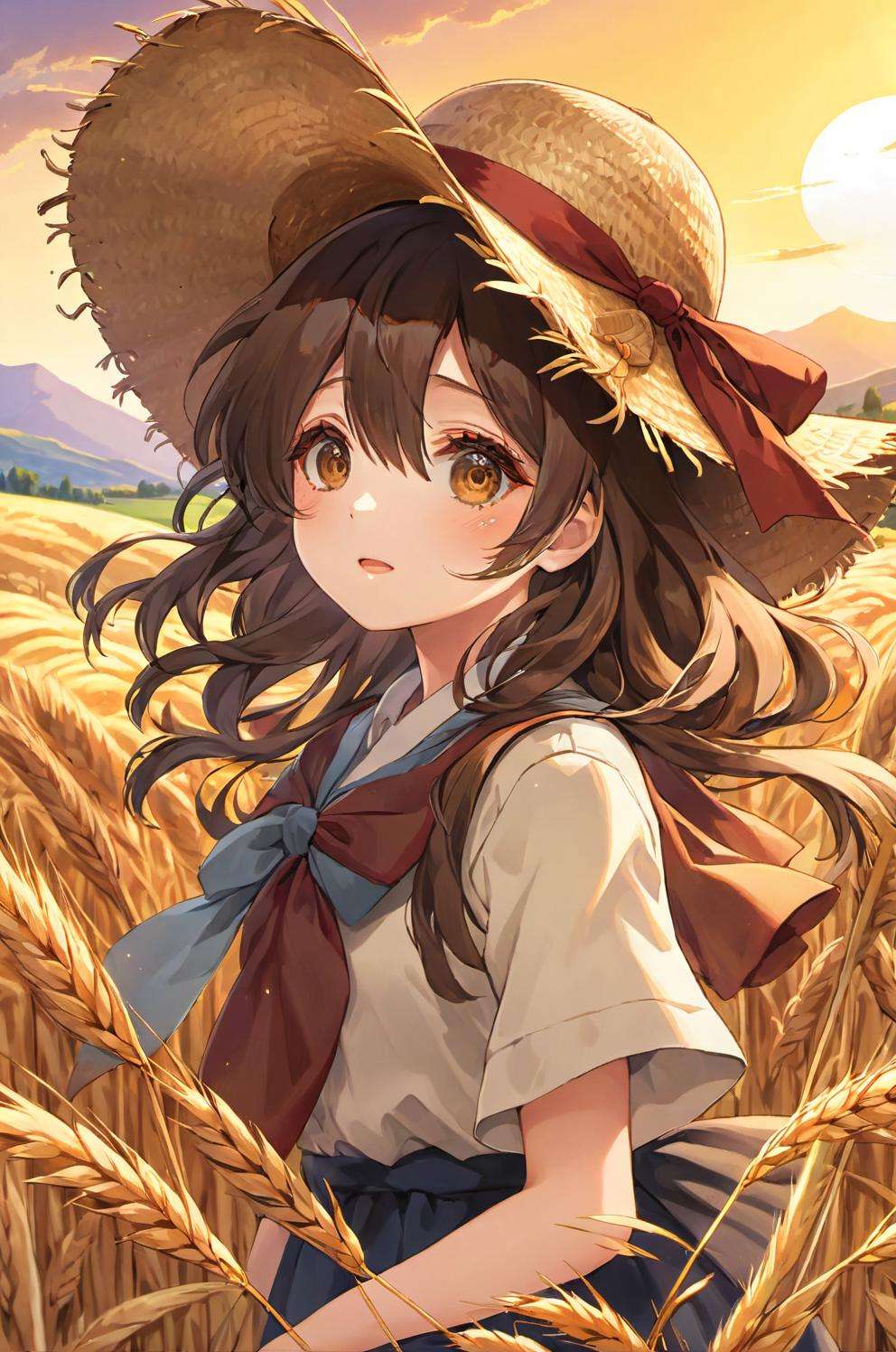 ultra-detailed,(best quality),((masterpiece)),(highres),original,extremely detailed 8K wallpaper,(an extremely delicate and beautiful),((detailed face)),beautiful detail eyes,\\suga,torinoanime,1girl,full frame, working in the golden wheat field, straw hat,dark brown long flowing hair blowing in the wind, mountains in the far background, sunset<lora:suga_xl-000010:0.7> <lora:torino_xl:0.3>