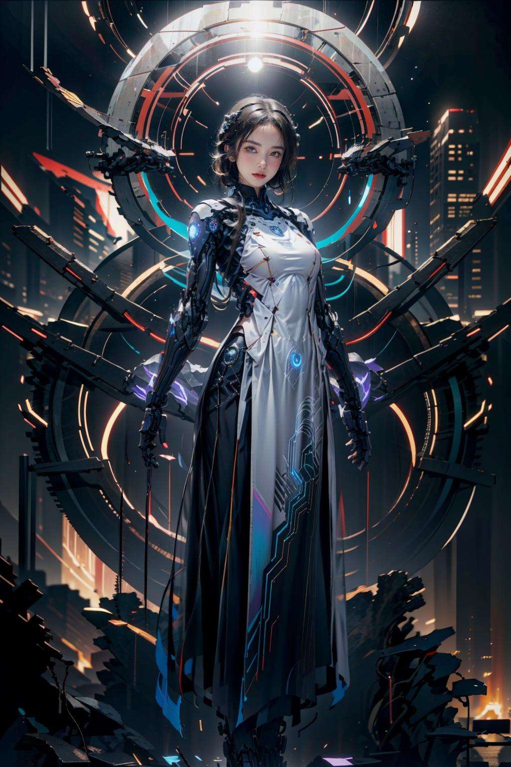 official art, unity 8k wallpaper, (ultra detailed), beautiful and aesthetic, beautiful, masterpiece, best quality, (1girl:1.3), mature female, cyberpunk, mecha, sexy, iridescent eyes, starry sky, standing, futubot, futureaodai<lora:Futuristicbotv.2:0.65><lora:futureaodai-000010:0.85>