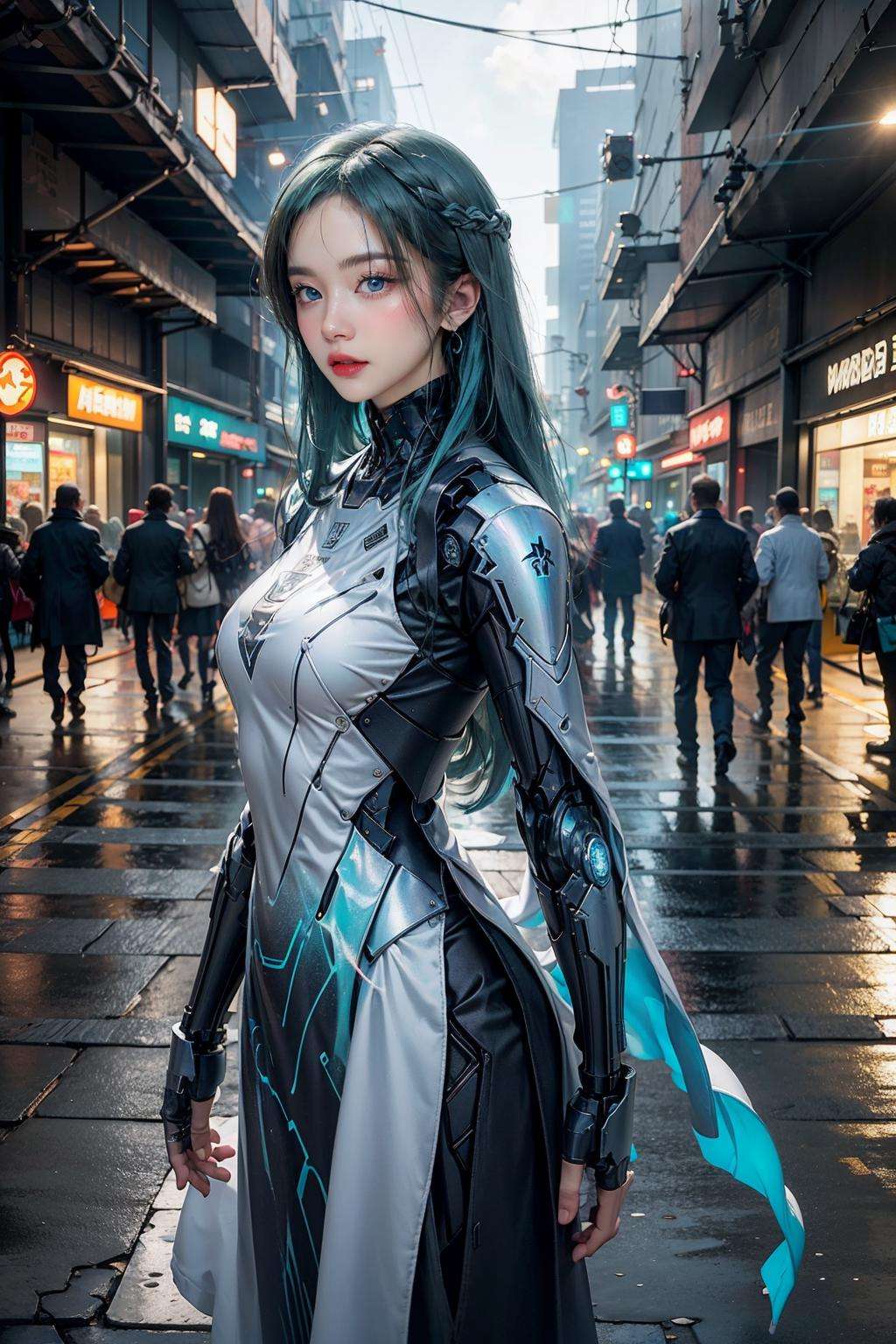 official art, unity 8k wallpaper, (ultra detailed), beautiful and aesthetic, beautiful, masterpiece, best quality, (cowboy shot:1.4), upper body, full body, (1girl:1.3), (long hair, aqua hair:1.4), mature female, cyberpunk, mecha, sexy, iridescent eyes, starry sky, walking, futubot, futureaodai, (street:1.3), neon light, (white clothes:1.3), (wind blowing:1.3), <lora:futureaodai-000010:0.75:MIDD><lora:Futuristicbotv.2:0.5>