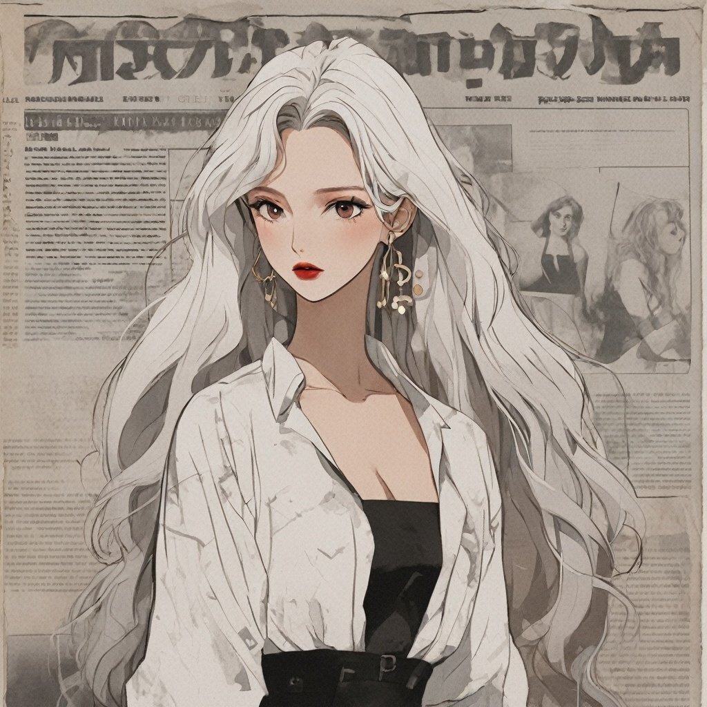 1 girl, long hair, solo, jewelry, earrings, looking at the audience, white hair, off shoulder, red lips, upper body, makeup, curly hair, brown eyes, jacket, shirt, collarbone, lipstick, bare shoulders, white jacket, black shirt, circular earrings, English text, newspaper background <lora:BZBF:1>