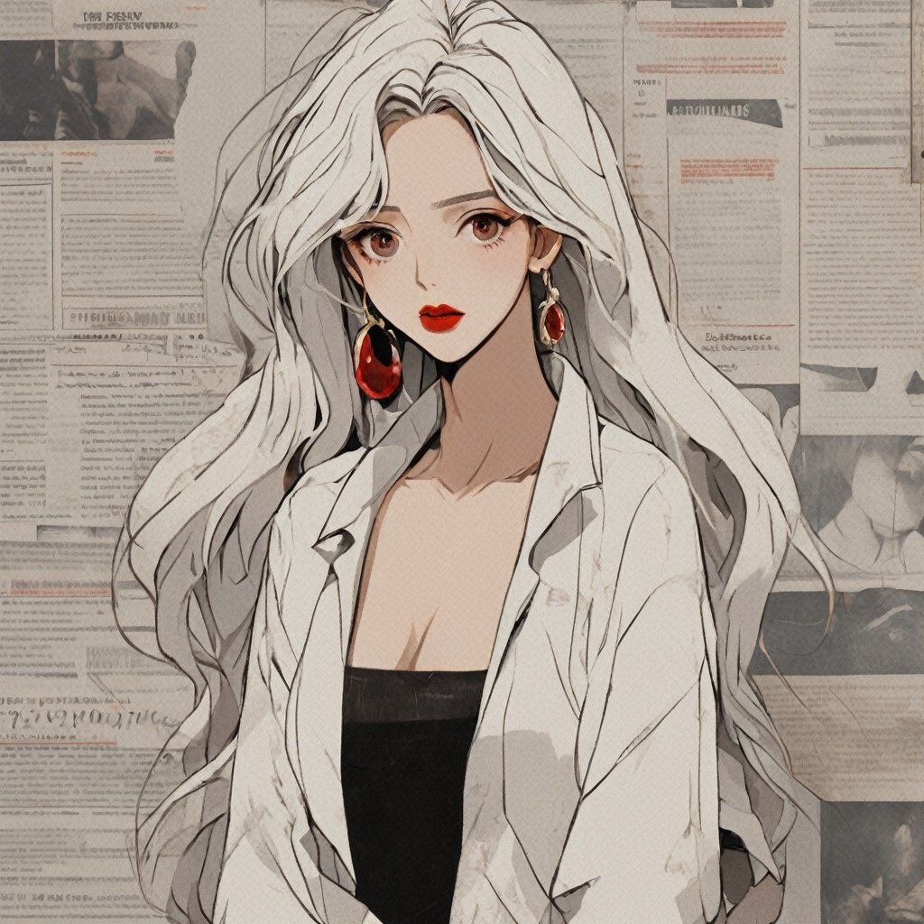 1 girl, long hair, solo, jewelry, earrings, looking at the audience, white hair, off shoulder, red lips, upper body, makeup, curly hair, brown eyes, jacket, shirt, collarbone, lipstick, bare shoulders, white jacket, black shirt, circular earrings, English text, newspaper background <lora:BZBF:1>