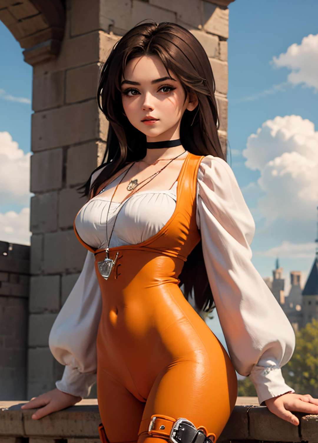 high level of detail, best quality, masterpiece,<lora:garnettilalexandros_smf_lora_e02:0.9>, 1girl, garnet-smf, solo, jewelry, breasts, orange bodysuit, bodysuit, choker, long hair, necklace, brown eyes, brown hair, looking at viewer, puffy sleeves, medium breasts, cleavage, long sleeves, pendant, black choker, covered navel, lips, black hair, skin tight, cowboy shot, collarbone, low-tied long hair, outdoors, castle, clouds, 