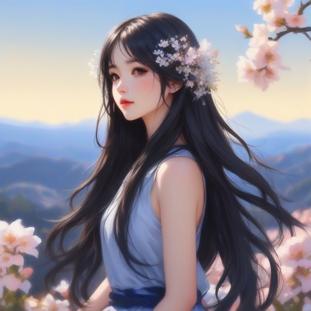 1girl,flowers,long hair,solo,outdoor,sky,hair accessories,black hair,looking at the audience,blue sky,mountains,trees,upper body,<lora:PLMM:0.6>,