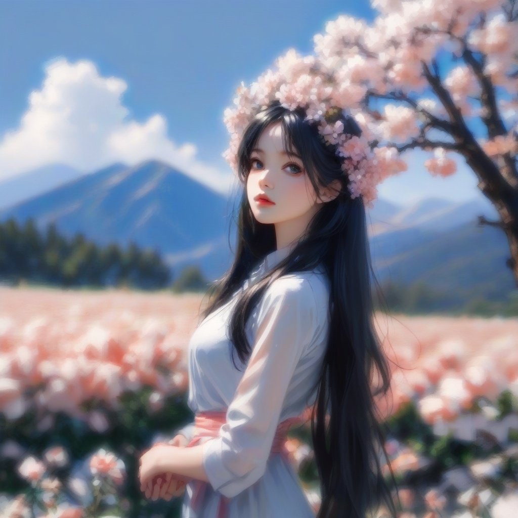 1girl,flowers,long hair,solo,outdoor,sky,hair accessories,black hair,looking at the audience,blue sky,mountains,trees,upper body,<lora:PLMM:1>,