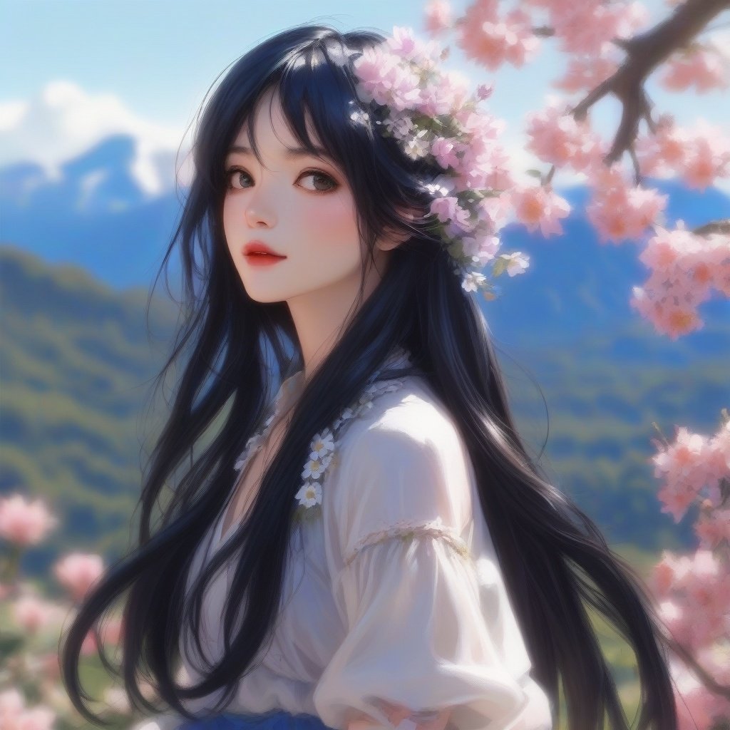 1girl,flowers,long hair,solo,outdoor,sky,hair accessories,black hair,looking at the audience,blue sky,mountains,trees,upper body,<lora:PLMM:0.6>,