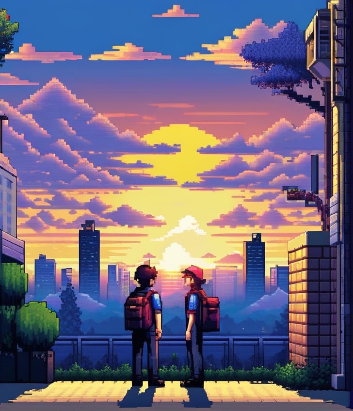 pixel art, outdoors, sunset, building, multiple boys, city, sky, bag, scenery, cloud, shirt, standing, pants, tree, 1girl<lora:sdxl_pixel:0.65>