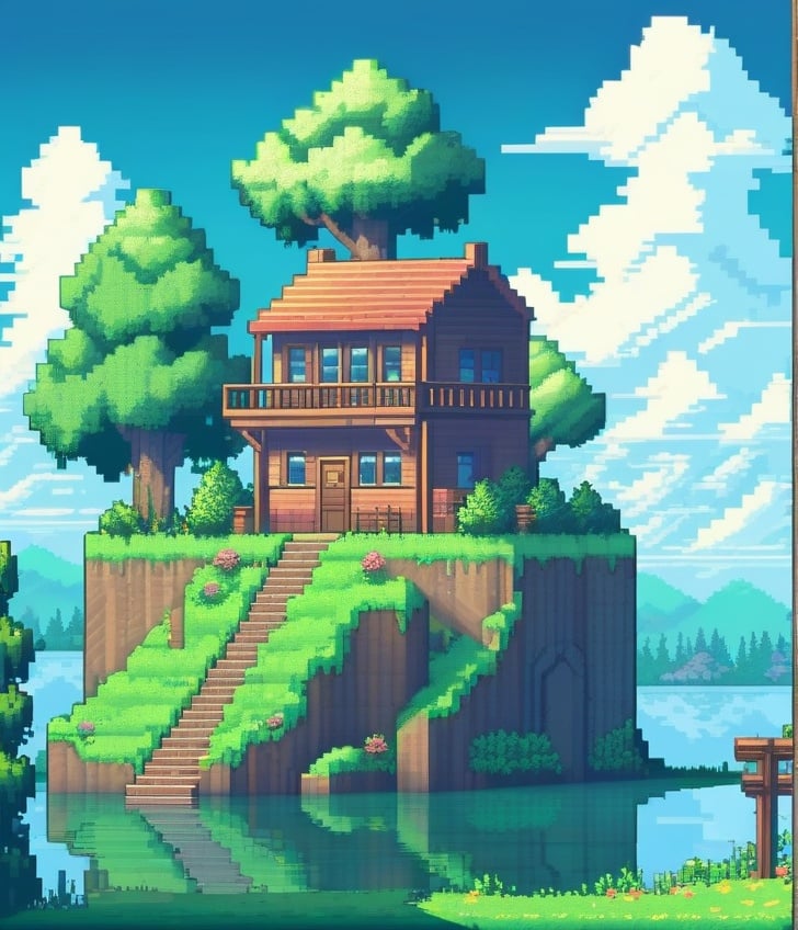 pixel art, tree, outdoors, cloud, no humans, scenery, water, day, sky, house, grass, nature, window, blue sky, building, reflection, forest, stairs, bird, bush, flower, door, plant<lora:sdxl_pixel:0.65>