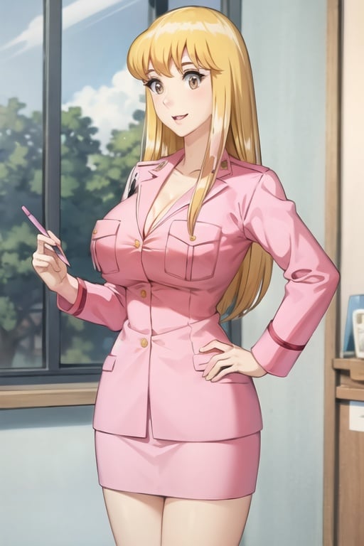 reiko_aiwaifu,blonde hair,long hair,brown eyes,large breasts,bangs,collarbone,pink uniform,uniform,cleavage,skirt,pencil skirt,long sleeves,pocket,breast pocket,formal,pink shirt,police uniform,policewoman,masterpiece,best quality,ultra detailed, 8k, 4k,highly detailed, scenery,pose,solo,
