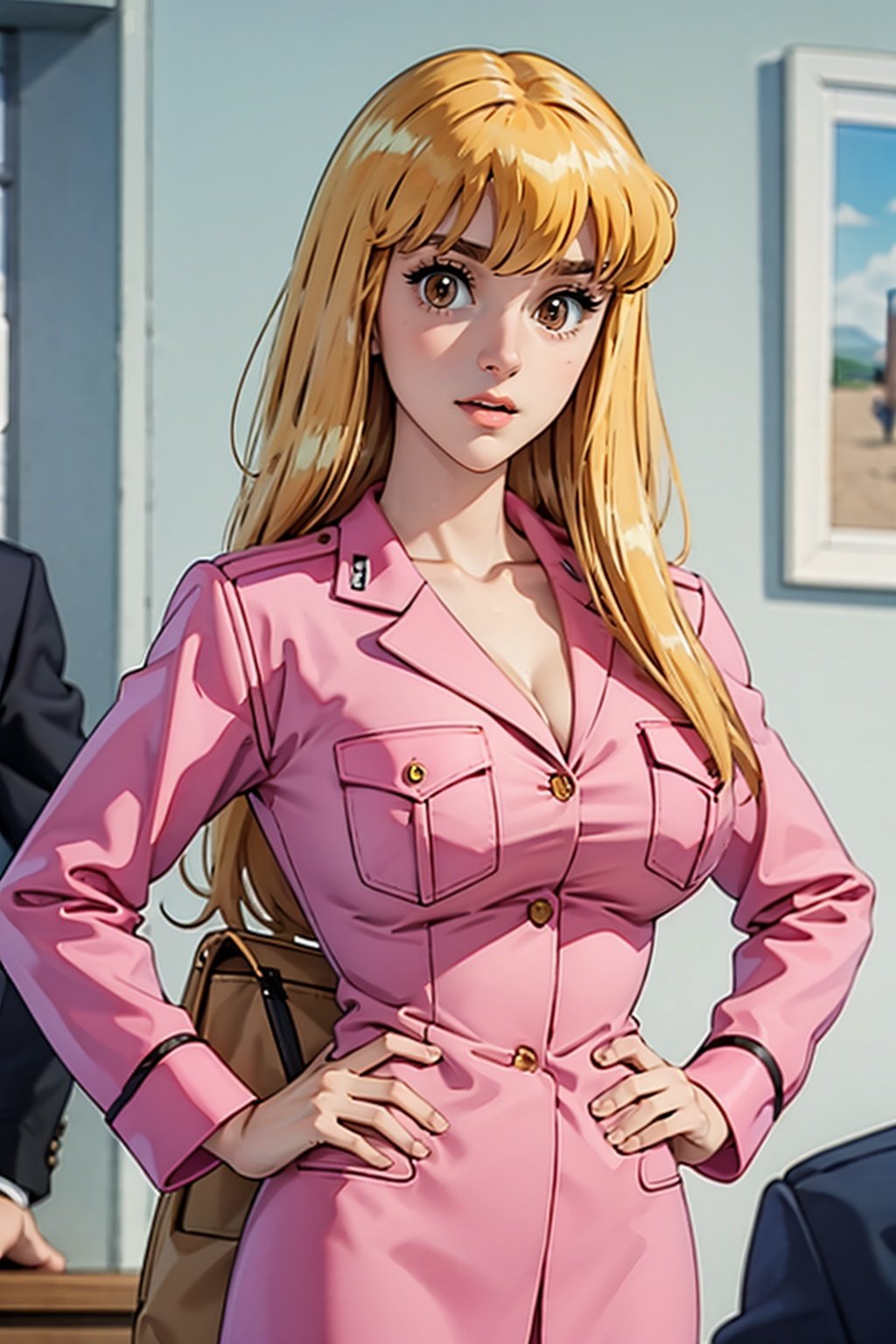 reiko_aiwaifu,blonde hair,long hair,brown eyes,large breasts,bangs,collarbone,pink uniform,uniform,cleavage,skirt,pencil skirt,long sleeves,pocket,breast pocket,formal,pink shirt,police uniform,policewoman,masterpiece,best quality,ultra detailed, 8k, 4k,highly detailed, scenery,pose,solo,,