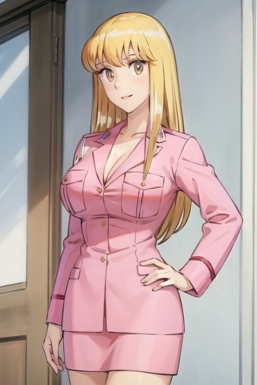 reiko_aiwaifu,blonde hair,long hair,brown eyes,large breasts,bangs,collarbone,pink uniform,uniform,cleavage,skirt,pencil skirt,long sleeves,pocket,breast pocket,formal,pink shirt,police uniform,policewoman,masterpiece,best quality,ultra detailed, 8k, 4k,highly detailed, scenery,pose,solo,
