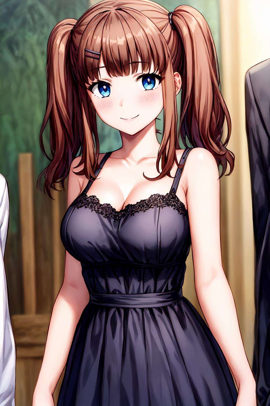 masterpiece, high quality, highres, absurdres, intricate details, extremely detailed unity cg wallpaper, semi realistic,(1girl, solo, female, mariamizuseexp, reddish brown hair, blue eyes, twin tails, bangs, side bangs:0.7, medium hair:0.6, medium breasts, hair clip, hair ornament), prairie, royal dress, detailed dress, upper body, master photography, smile, blush, looking at viewer, cowboy shot, solo focus, depth of field, vivid, colorful,<lora:Maria_Mizuse_Exp-09:0.7> , <lora:add_detail:0.8>