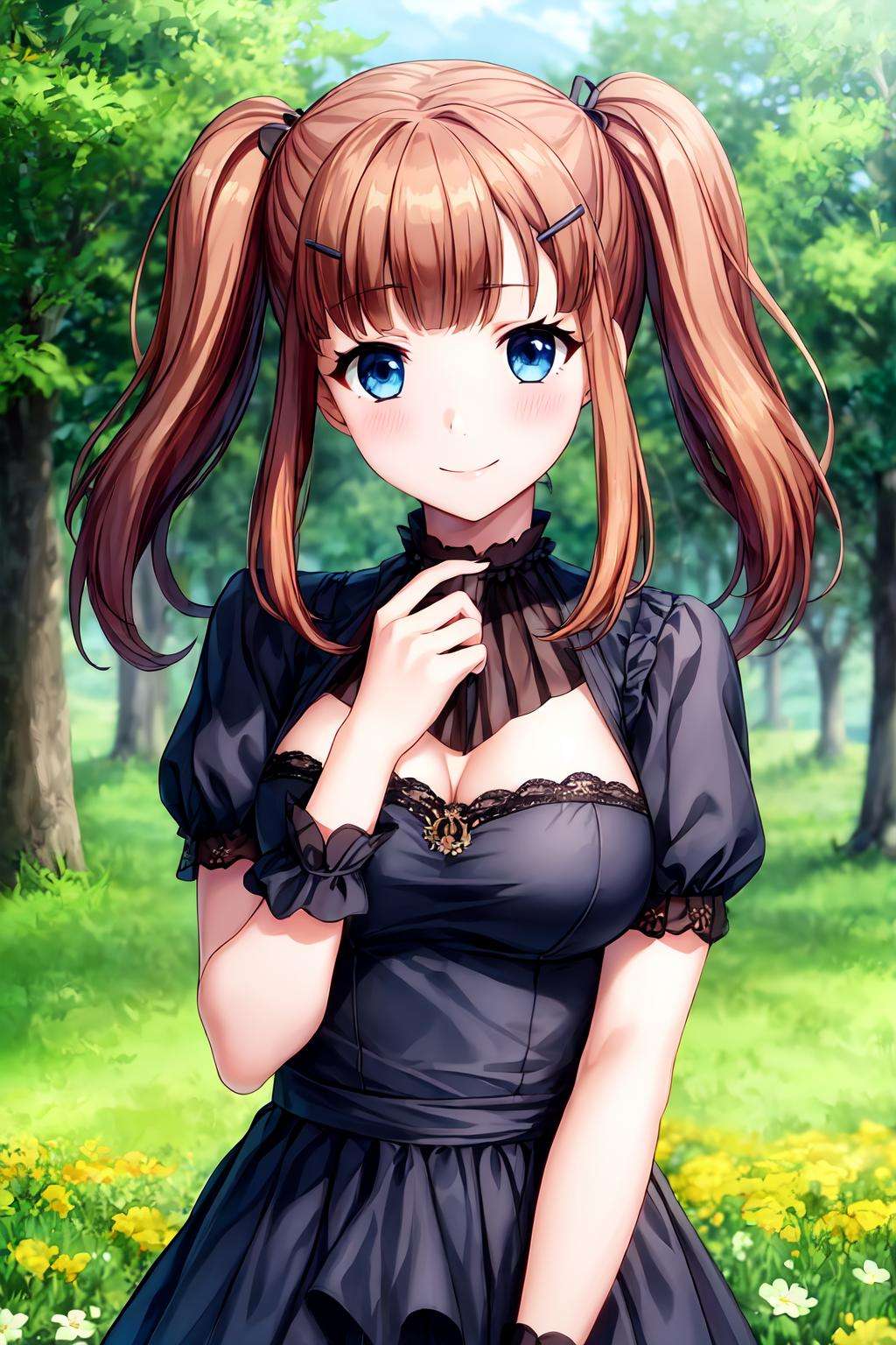 masterpiece, high quality, highres, absurdres, intricate details, extremely detailed unity cg wallpaper, semi realistic,(1girl, solo, female, mariamizuseexp, reddish brown hair, blue eyes, twin tails, bangs, side bangs:0.7, medium hair:0.6, medium breasts, hair clip, hair ornament), outdoors, flower field, flower garden, wind , flowing petals, hair flowing, prairie, royal dress, detailed dress, upper body, master photography, smile, blush, looking at viewer, cowboy shot, solo focus, depth of field, vivid, colorful,<lora:Maria_Mizuse_Exp-09:0.7> , <lora:add_detail:0.8>