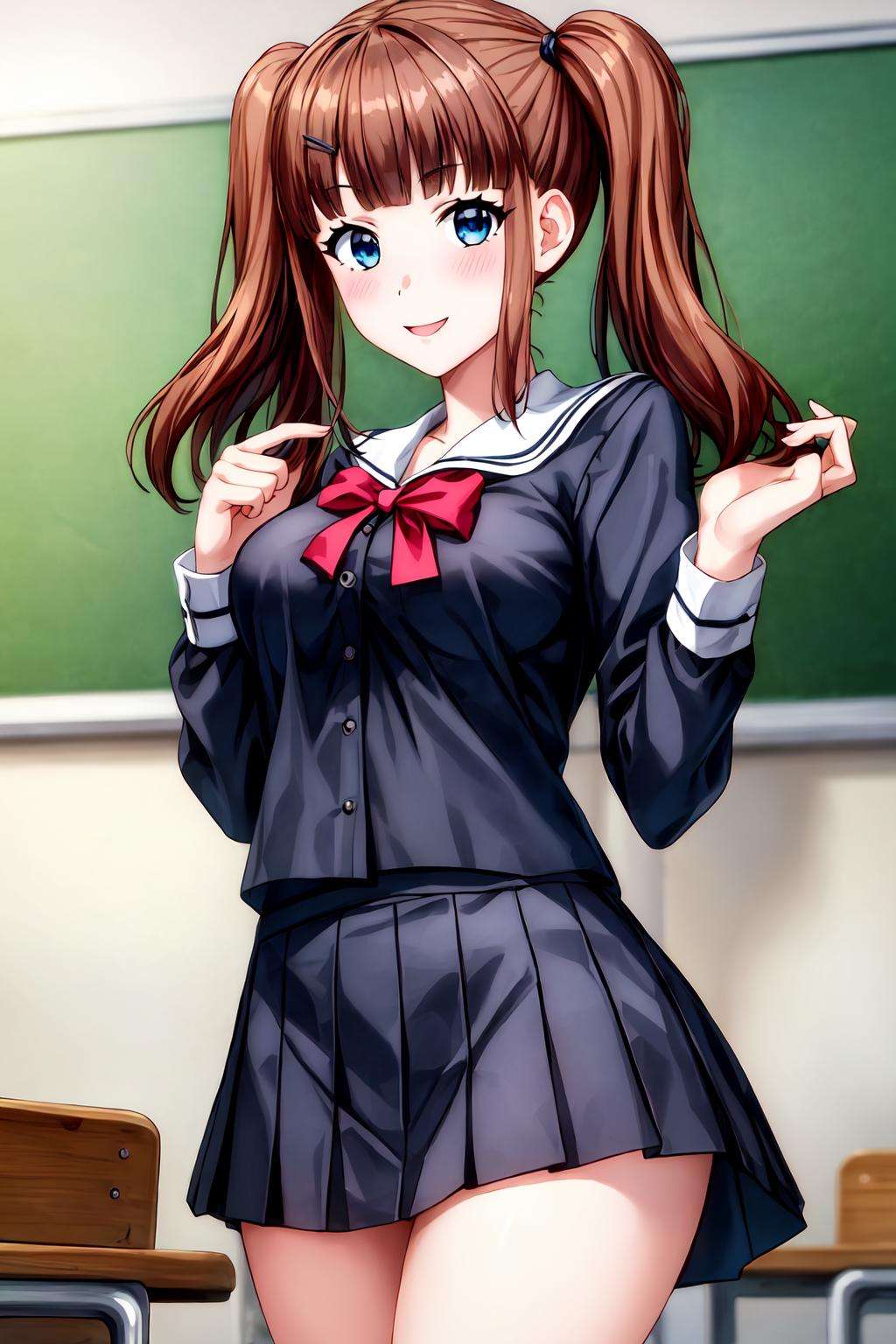 masterpiece, high quality, highres, absurdres, intricate details, extremely detailed unity cg wallpaper, semi realistic,(1girl, solo, female, mariamizuseexp, reddish brown hair, blue eyes, twin tails, bangs, side bangs:0.7, medium hair:0.6, medium breasts, hair clip, hair ornament), school uniform, serafuku, mini skirt, classroom,green board, detailed dress, upper body, smile, blush, looking at viewer, cowboy shot, solo focus, depth of field, vivid, colorful,<lora:Maria_Mizuse_Exp-09:0.7> , <lora:add_detail:0.8>