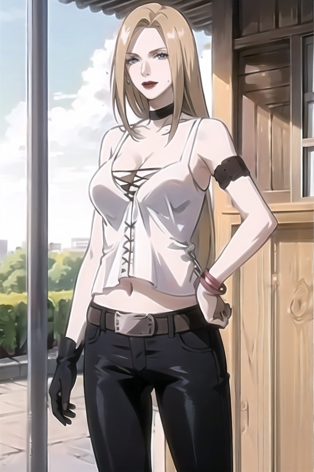 trish_devilmaycry_whitetop_aiwaifu,blonde hair,long hair,choker,lipstick,cleavage,jewelry,makeup,bracelet,pants,belt,blue eyes,large breasts,bare shoulders,midriff,navel,jeans,armlet,tank top,necklace,very long hair,collarbone,sleeveless,bangs,black pants,crop top,gloves,red lips,
masterpiece,best quality,ultra detailed, 8k, 4k,highly detailed, scenery,pose,solo,