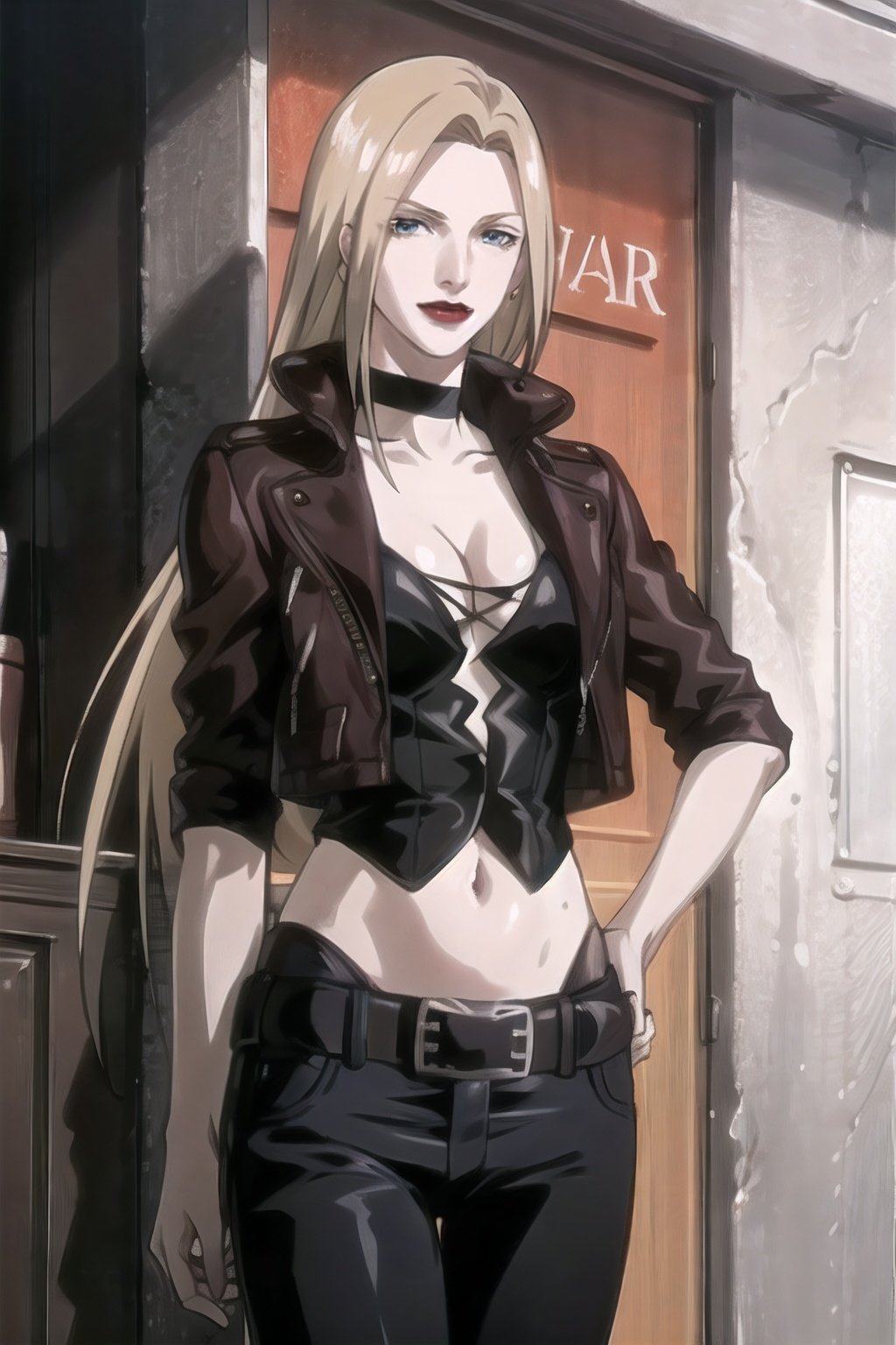 trish_devilmaycry_jacket_aiwaifu,long hair,blonde hair,choker,cleavage,jacket,lipstick,makeup,pants,midriff,large breasts,navel,belt,red lips,blue eyes,collarbone,floating hair,lips,very long hair,
masterpiece,best quality,ultra detailed, 8k, 4k,highly detailed, scenery,pose,solo,