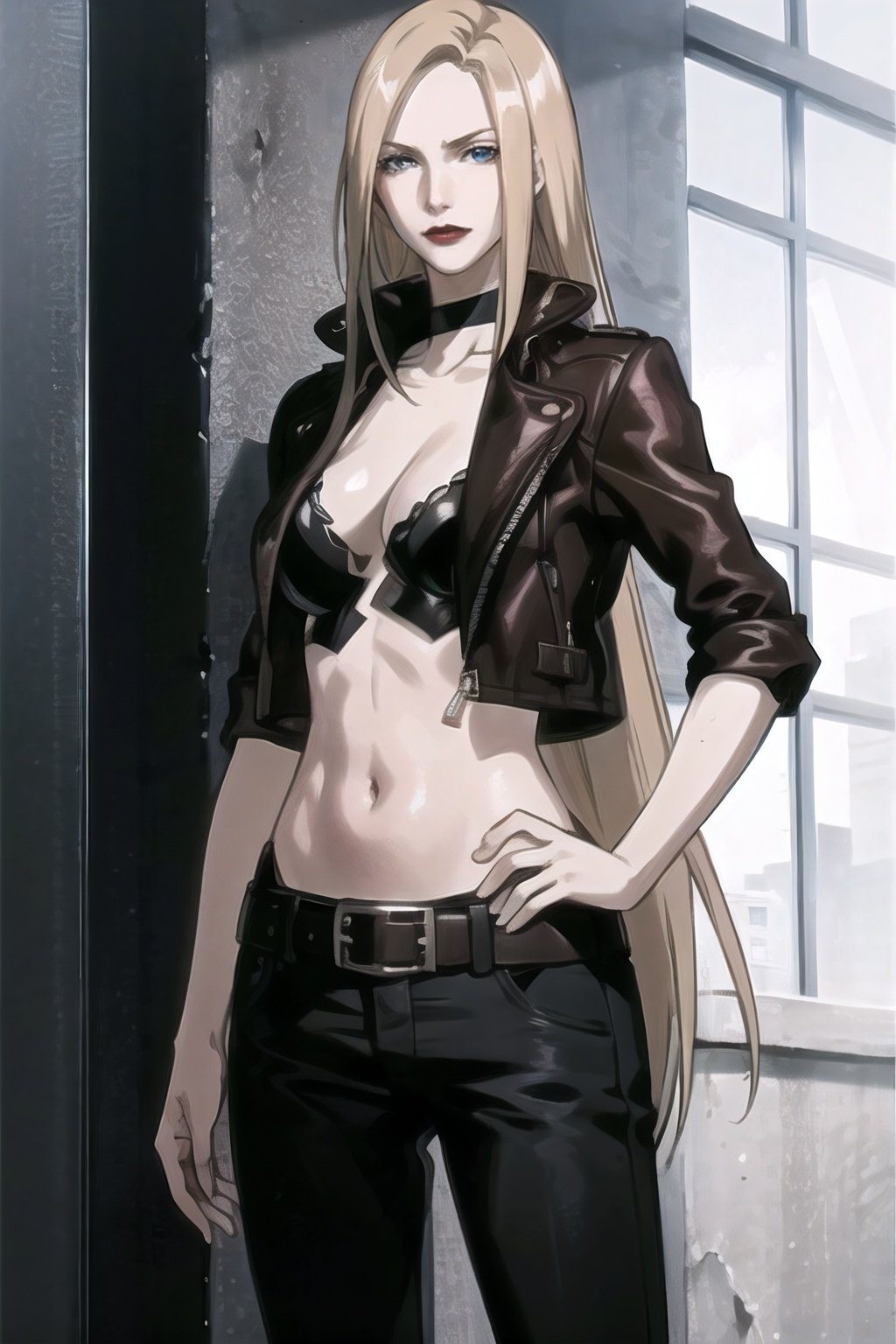 trish_devilmaycry_jacket_aiwaifu,long hair,blonde hair,choker,cleavage,jacket,lipstick,makeup,pants,midriff,large breasts,navel,belt,red lips,blue eyes,collarbone,floating hair,lips,very long hair,
masterpiece,best quality,ultra detailed, 8k, 4k,highly detailed, scenery,pose,solo,