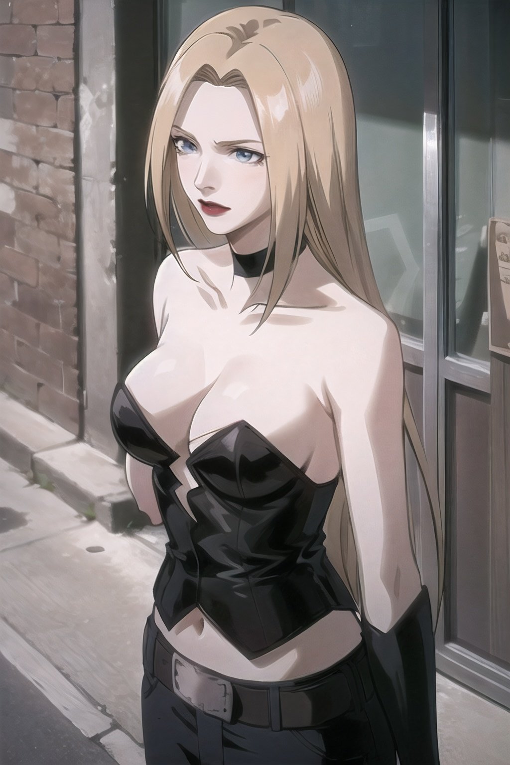 trish_devilmaycry_strapless_aiwaifu,long hair,bare shoulders,blonde hair,choker,cleavage,large breasts,lipstick,belt,blue eyes,makeup,midriff,pants,navel,bustier,very long hair,gloves,black dress,corset,dress,hair over one eye,strapless,tank top,
masterpiece,best quality,ultra detailed, 8k, 4k,highly detailed, scenery,pose,solo,