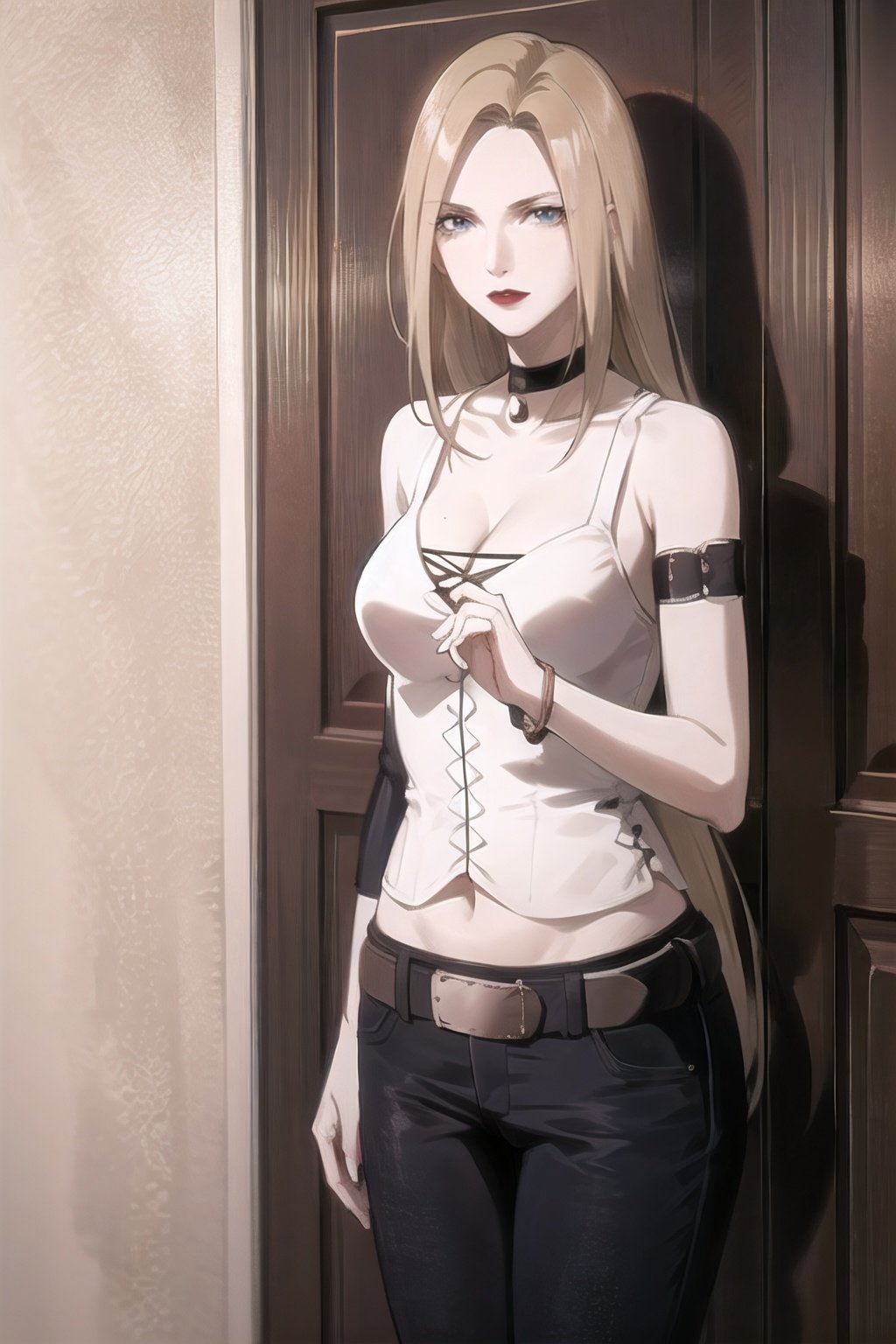 trish_devilmaycry_whitetop_aiwaifu,blonde hair,long hair,choker,lipstick,cleavage,jewelry,makeup,bracelet,pants,belt,blue eyes,large breasts,bare shoulders,midriff,navel,jeans,armlet,tank top,necklace,very long hair,collarbone,sleeveless,bangs,black pants,crop top,gloves,red lips,
masterpiece,best quality,ultra detailed, 8k, 4k,highly detailed, scenery,pose,solo,