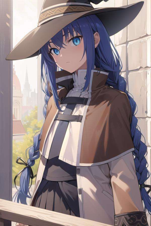 roxymigurdia, <lora:roxytest:1>, roxy, ahoge, black ribbon, blue eyes, blue hair, braid, hair between eyes, hair ribbon, long hair, twin braids, very long hair, hat, witch hat,BREAK black legwear, black skirt, capelet, jacket, brown jacket, long sleeves, miniskirt, open clothes, open jacket, pleated skirt, skirt, white capelet, white footwear, white jacket,BREAK looking at viewer,BREAK outdoors, city,BREAK <lora:GoodHands-vanilla:1>, (masterpiece:1.2), best quality, high resolution, unity 8k wallpaper, (illustration:0.8), (beautiful detailed eyes:1.6), extremely detailed face, perfect lighting, extremely detailed CG, (perfect hands, perfect anatomy),