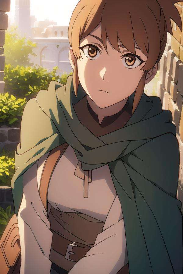 dotamarci, <lora:marcitest:1>,marci, bangs, brown hair, (brown eyes:1.5), ponytail, short ponytail,BREAK belt, cape, armor, cloak, pouch, brown belt, belt pouch,BREAK looking at viewer,BREAK outdoors, BREAK <lora:GoodHands-vanilla:1>, (masterpiece:1.2), best quality, high resolution, unity 8k wallpaper, (illustration:0.8), (beautiful detailed eyes:1.6), extremely detailed face, perfect lighting, extremely detailed CG, (perfect hands, perfect anatomy),