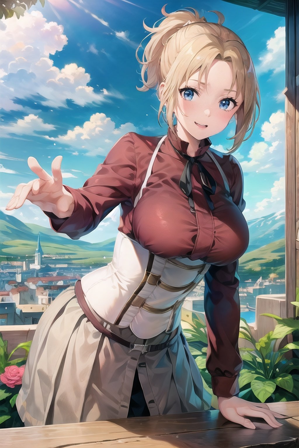 Zenith_aiwaifu,blonde hair,ponytail,blue eyes,short hair,large breasts,bangs,parted bangs,skirt,ribbon,shirt,long sleeves,neck ribbon,fur trim,black ribbon,corset,red shirt,suspenders,collared shirt,dress,long skirt,pleated skirt,suspender skirt,
masterpiece,best quality,ultra detailed, 8k, 4k,highly detailed, scenery,pose,solo,