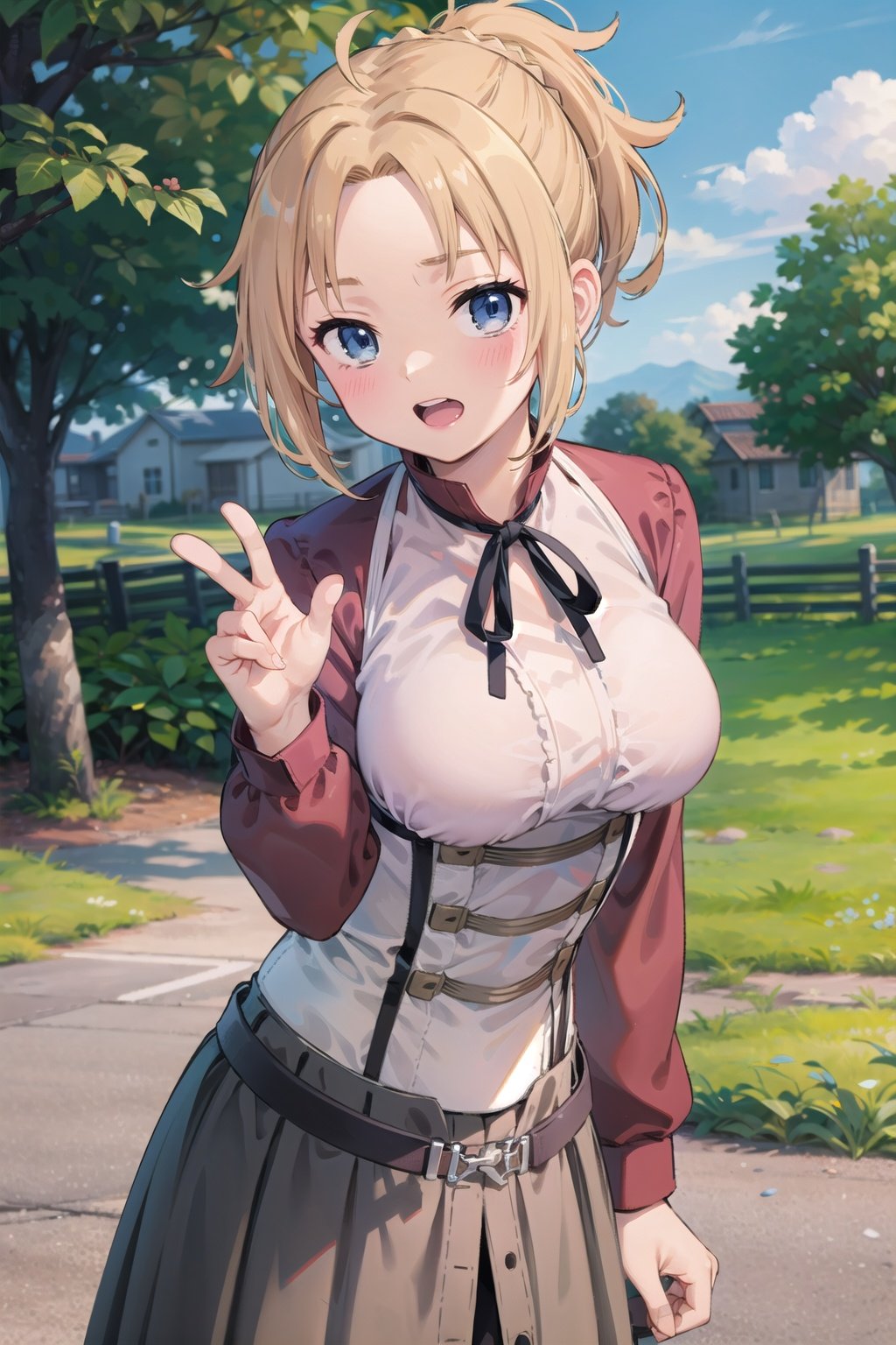 Zenith_aiwaifu,blonde hair,ponytail,blue eyes,short hair,large breasts,bangs,parted bangs,skirt,ribbon,shirt,long sleeves,neck ribbon,fur trim,black ribbon,corset,red shirt,suspenders,collared shirt,dress,long skirt,pleated skirt,suspender skirt,		masterpiece,best quality,ultra detailed, 8k, 4k,highly detailed, scenery,pose,solo,
