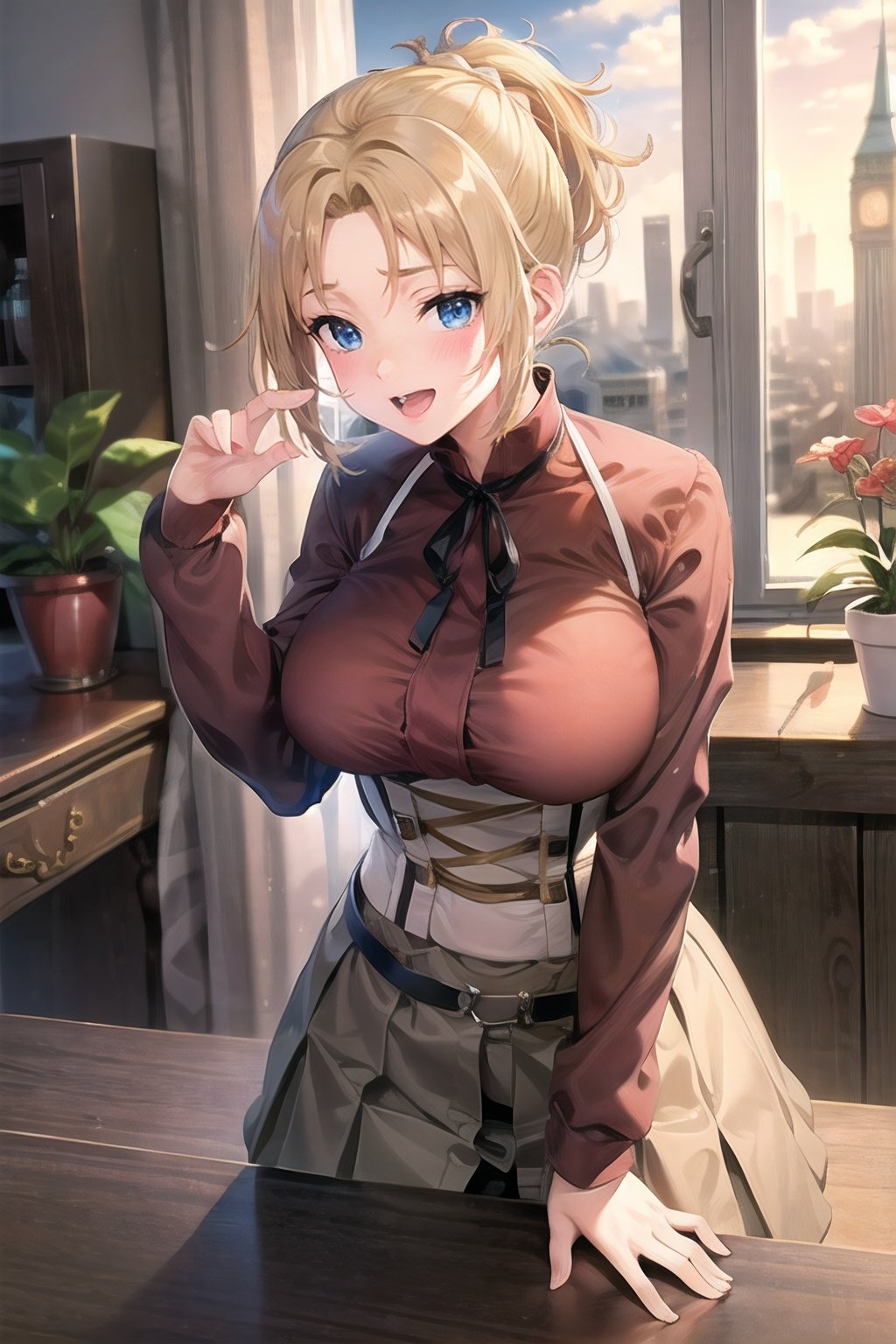 Zenith_aiwaifu,blonde hair,ponytail,blue eyes,short hair,large breasts,bangs,parted bangs,skirt,ribbon,shirt,long sleeves,neck ribbon,fur trim,black ribbon,corset,red shirt,suspenders,collared shirt,dress,long skirt,pleated skirt,suspender skirt,
masterpiece,best quality,ultra detailed, 8k, 4k,highly detailed, scenery,pose,solo,