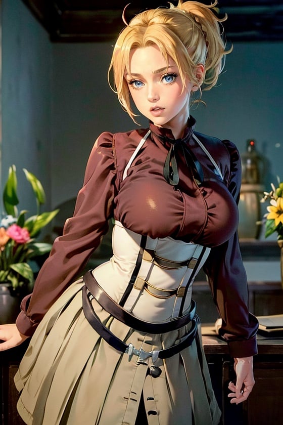 (masterpiece:1.4),(best quality:1.4),(absurdres:1.4),pin-up,	<lora:ANIME_Zenith_aiwaifu-10:1>,	Zenith_aiwaifu,blonde hair,ponytail,blue eyes,short hair,large breasts,bangs,parted bangs,skirt,ribbon,shirt,long sleeves,neck ribbon,fur trim,black ribbon,corset,red shirt,suspenders,collared shirt,dress,long skirt,pleated skirt,suspender skirt,		(absurdres, highres, incredibly_absurdres:1.4),scenery,masterpiece,