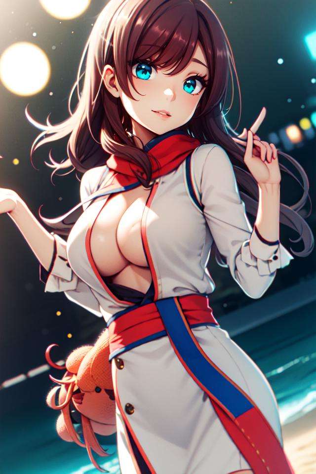 nagami yuu,(masterpiece, best quality, ultra-detailed), (beautiful detailed face, beautiful detailed eyes, volumetric lighting),1girl, solo, (dutch angle:1.2), beach waves hair, auburn hair, (turquoise eyes:1.1), large breasts, hairpin, coral outerwear, (coral sash),mksks style, (beautiful detailed plateau at  night:1.2), (light particles, lens flare, chromatic aberration:1.3),