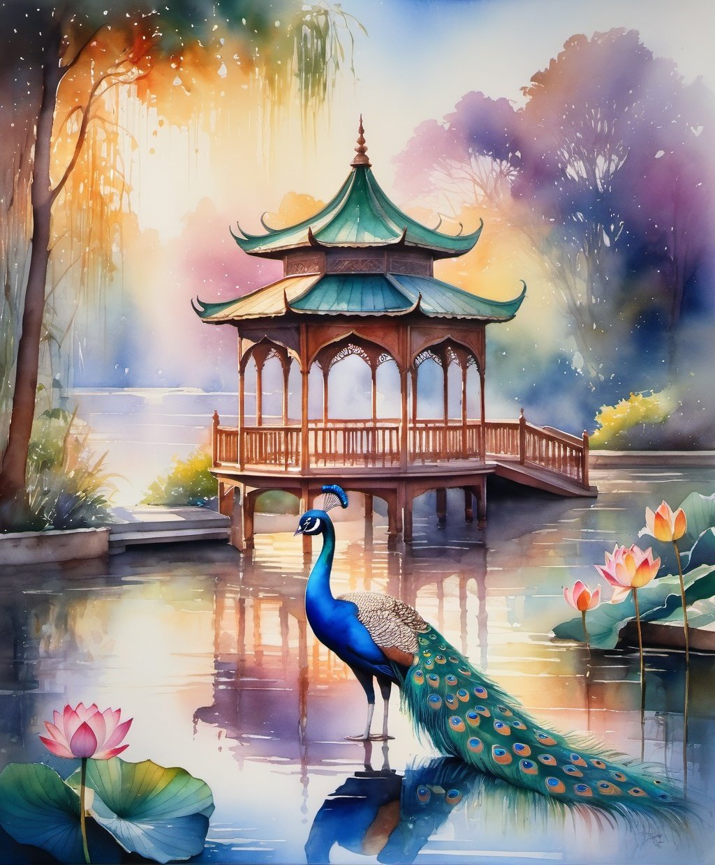 Vibrant watercolor painting, Morning sunlight on a bright wooden pavilion, Centrally located in a tranquil park, Mist hovering over the lake, Colorful and lively lotus flowers scattered in the mist, Intricate and clear details, Radiant rainbow-colored peacock spreading its wings, Peacock feathers shimmering in the morning sunlight with a hint of mesmerism,