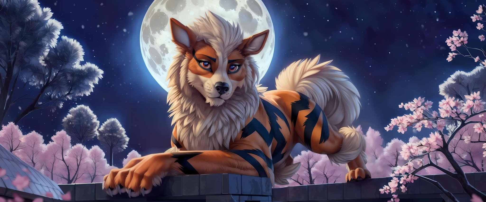 ((solo)), arcanine, feral, female, paws, looking at viewer, cherry blossom, night, full moon, [best quality, shaded, extreme detail, highly detailed, ultradetailed, intricate, realistic], detailed background, by Enki Bilal, by wolfy-nail, by Michael & Inessa Garmash, Ruan Jia, by drmax,